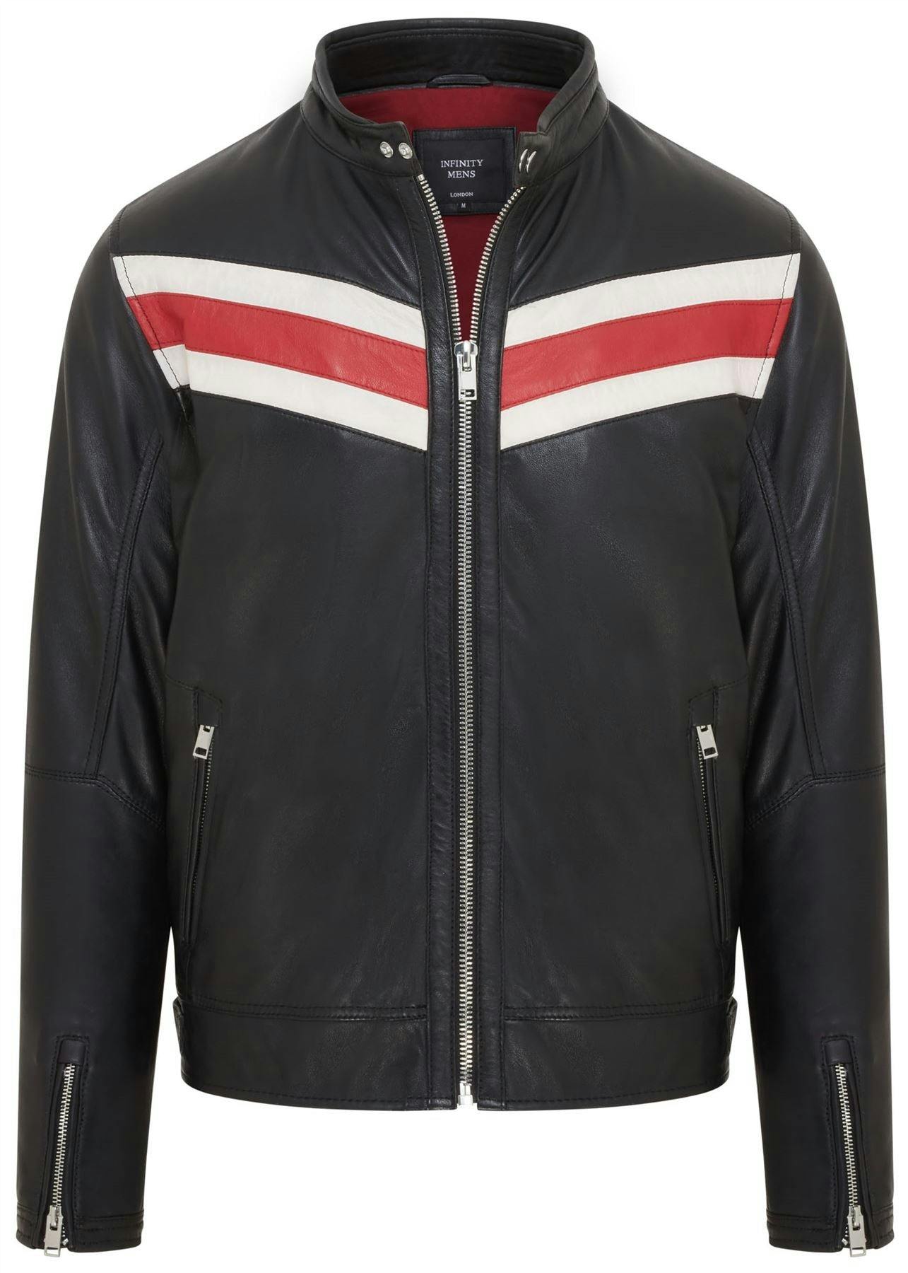 Infinity Leather Men's Black/Red Café Racer Biker Leather Jacket - Aniak - Uk Xs | Eu 44 | Us 34