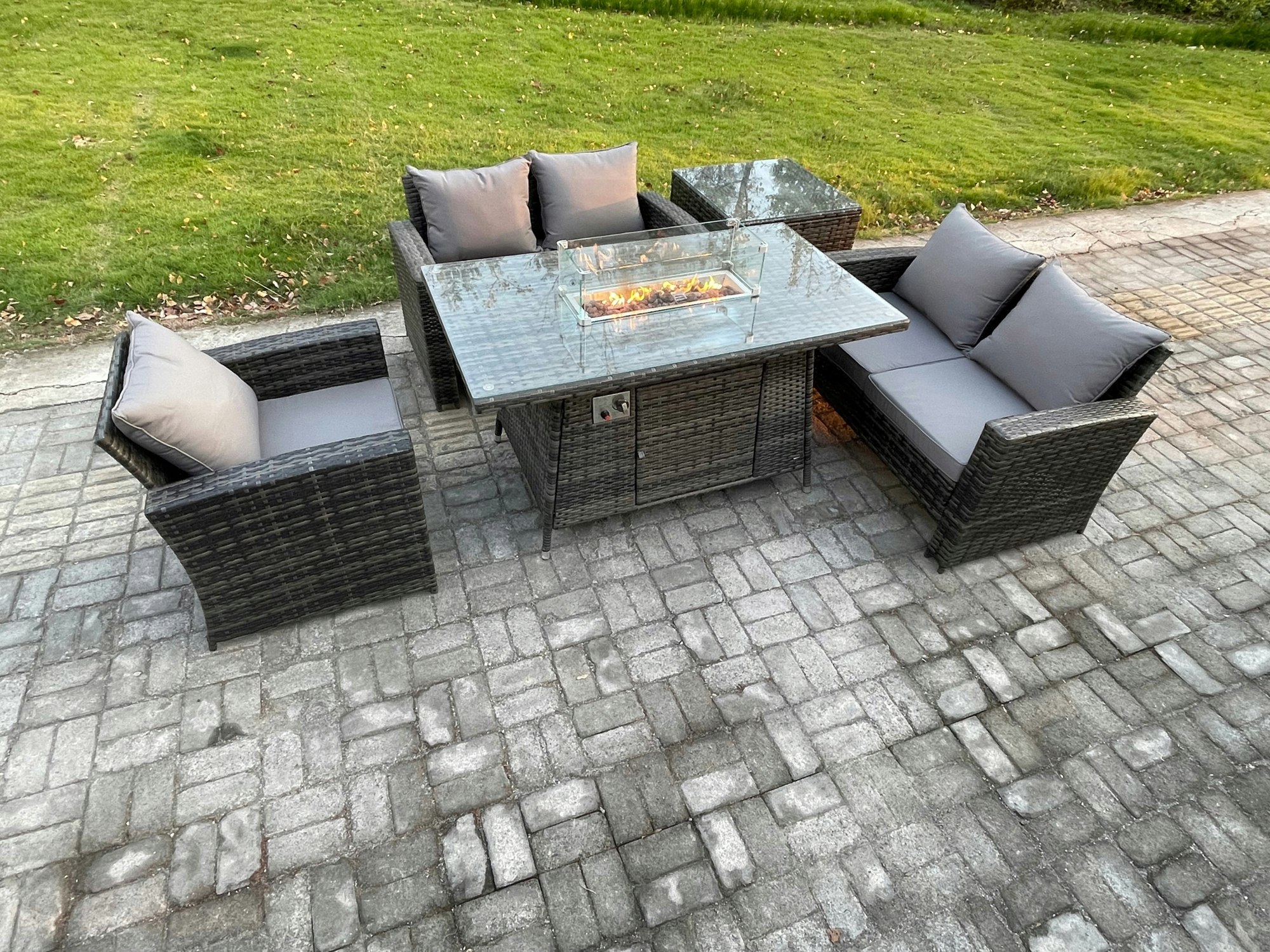 Rackhams Dark/Grey Rattan Outdoor Garden Furniture Gas Fire Pit Table Sets Gas Heater With Love Sofa Armchair Side Table 5 Seater Mixed