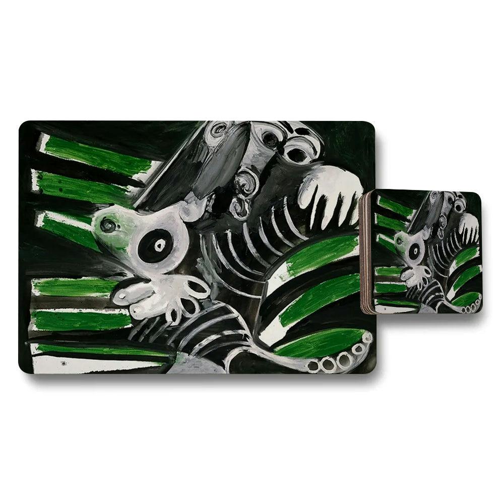 Rackhams Green Abstract Skeleton Creature Placemat And Coaster Set With Accents