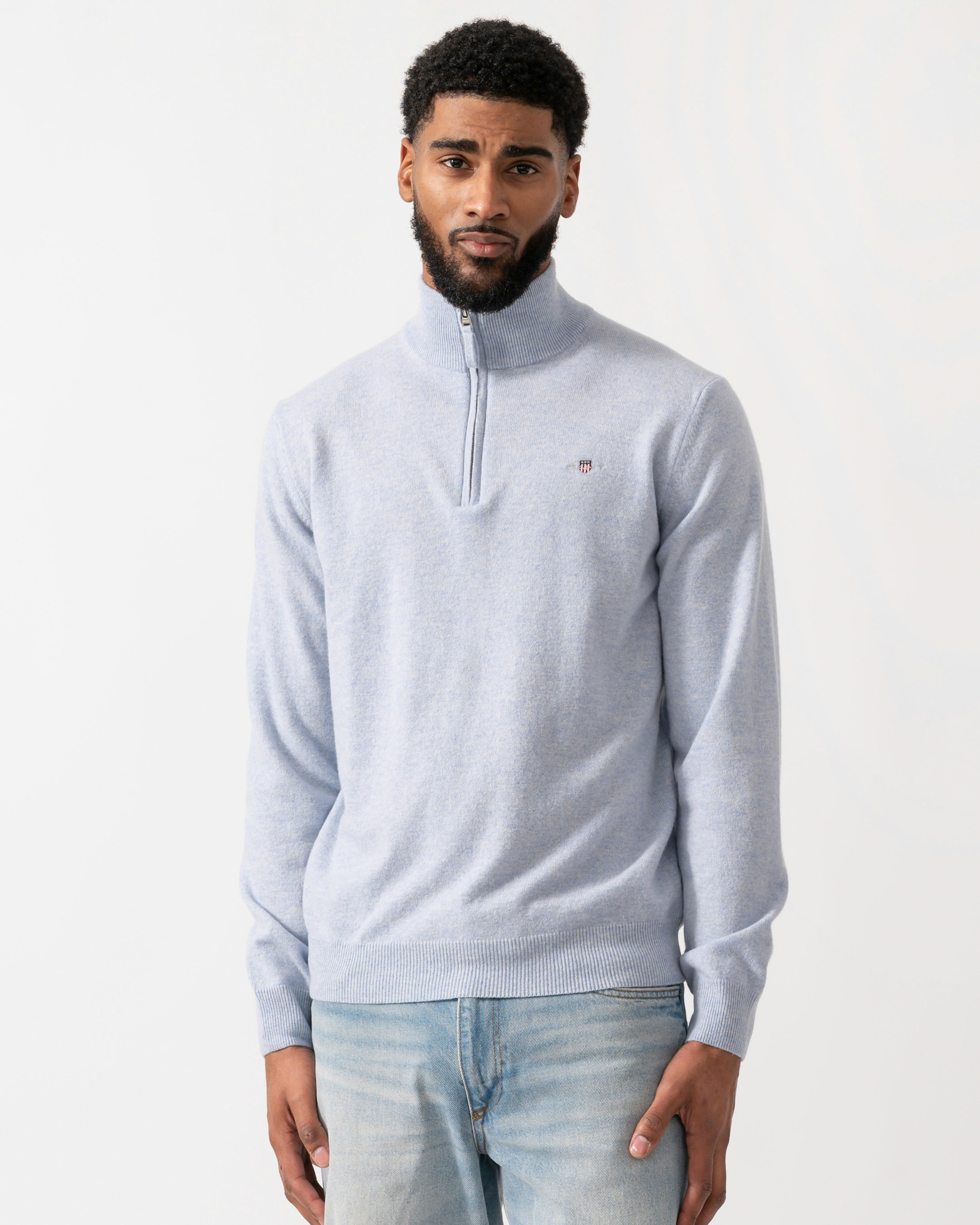 Gant Men's Blue Superfine Lambswool Half Zip Cardigan - 498 Ice Melange - 498 Ice Melange - Xxl