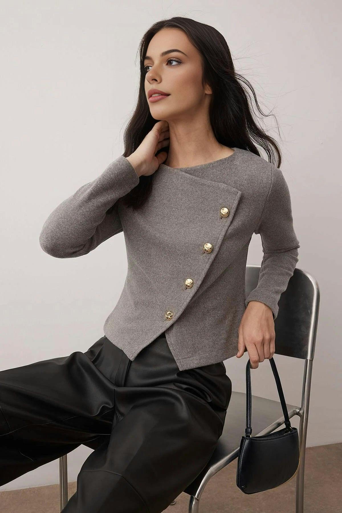 Wovcor Grey Asymmetric Button Detail Regular Knit Blouse - Xs