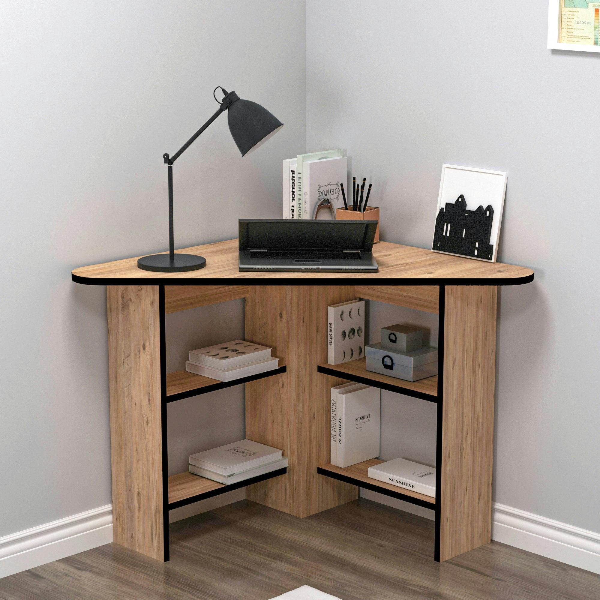 Rackhams Black Corner Computer Desk With Shelves-Gredos - Atlantic Pine - Band