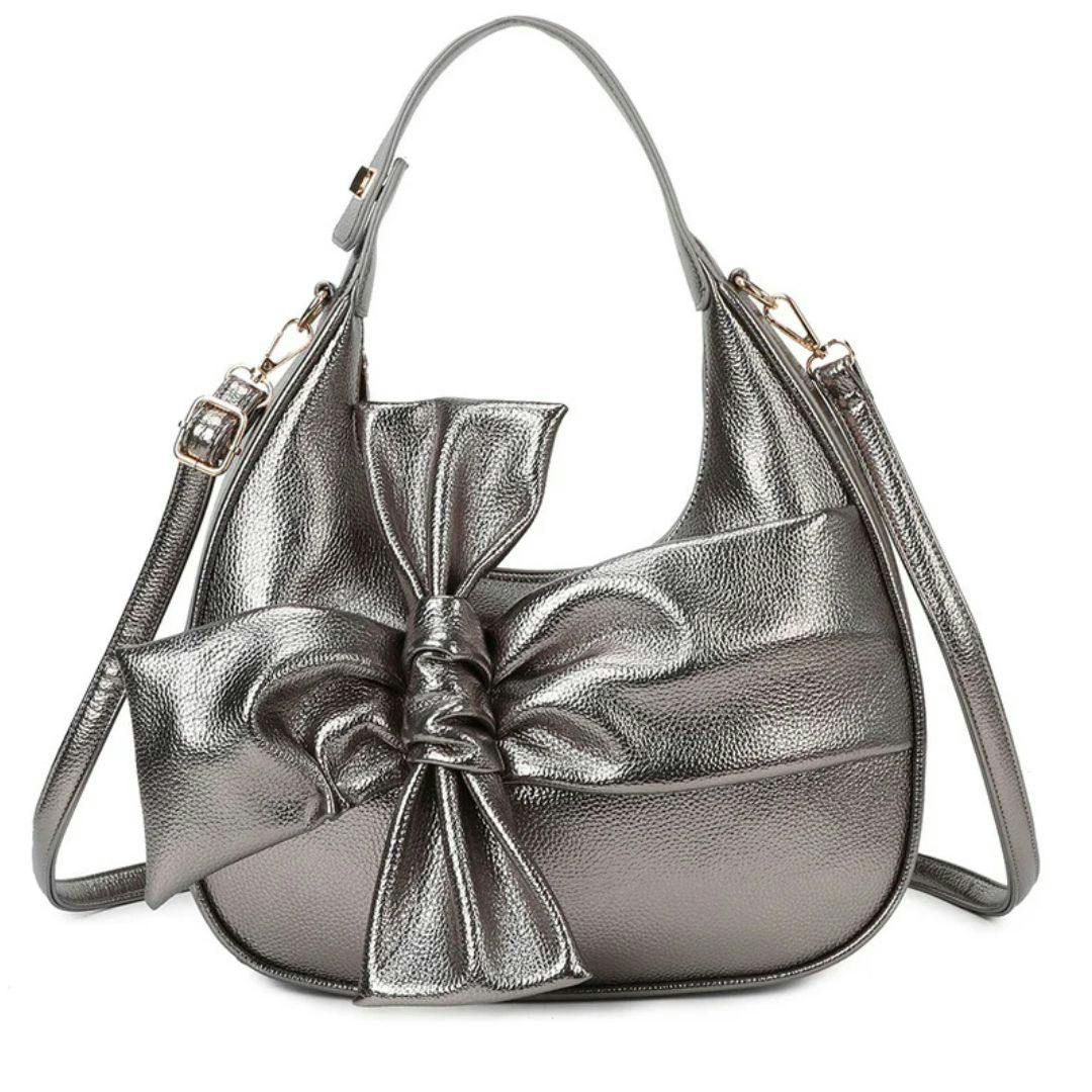 Love Emvy Silver Bow Moon Crescent Faux Leather Top-Handle Shoulder Bag - Antique