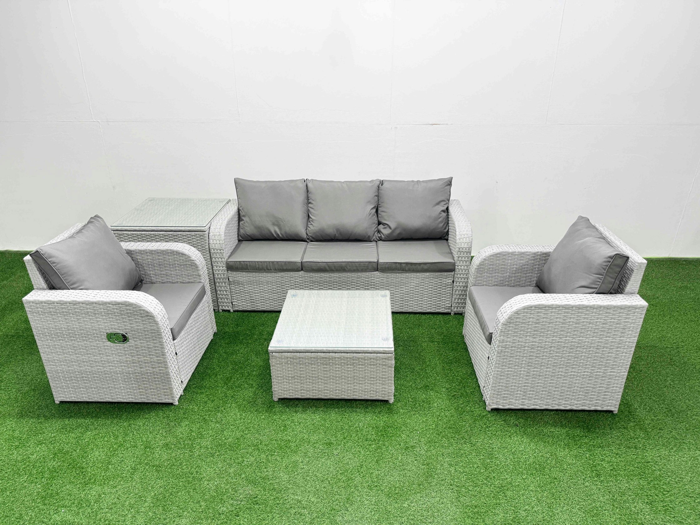 Rackhams Light/Grey Pe Rattan Garden Furniture Set Reclining Chair Sofa Lounge Sofa Set Square Coffee Table Side Table