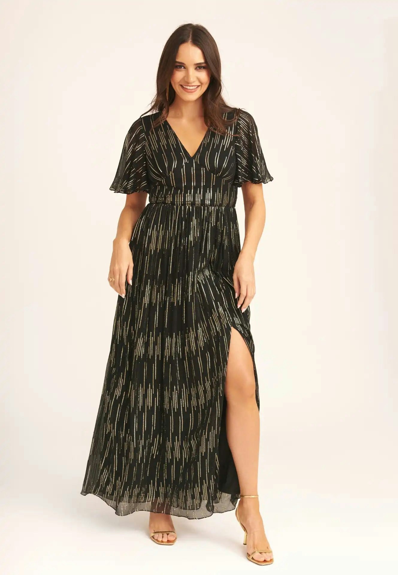 Gini London Black Stripe Foil Angel Sleeves Maxi Dress - Uk 10 / Us 6 / Eu 38