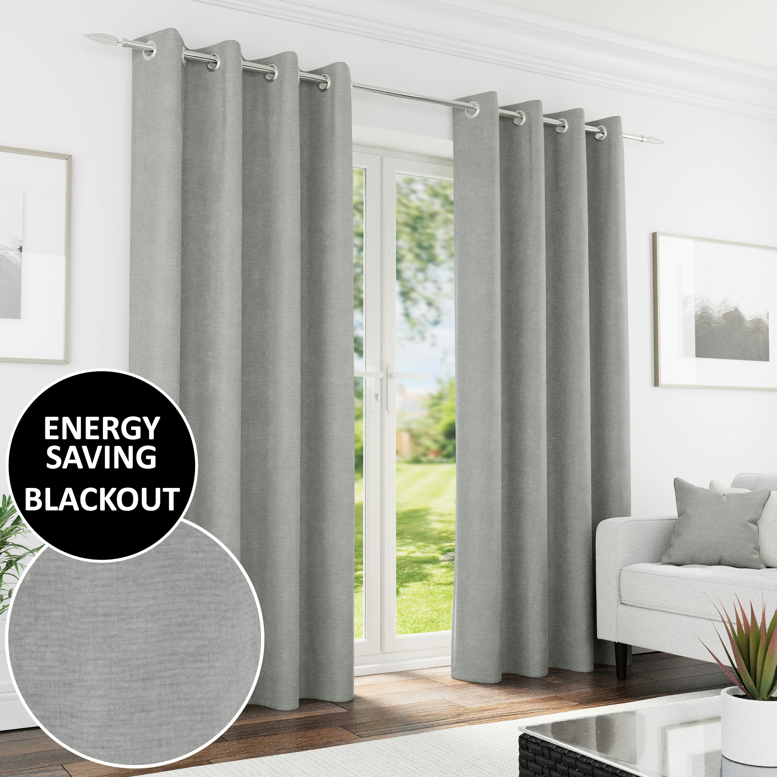 Rackhams Grey Knightsbridge 100% Blackout Chenille Thermal Eyelet Curtains For Living Room/Bedroom - 66" (168Cm) Width X 90" (229Cm) Drop