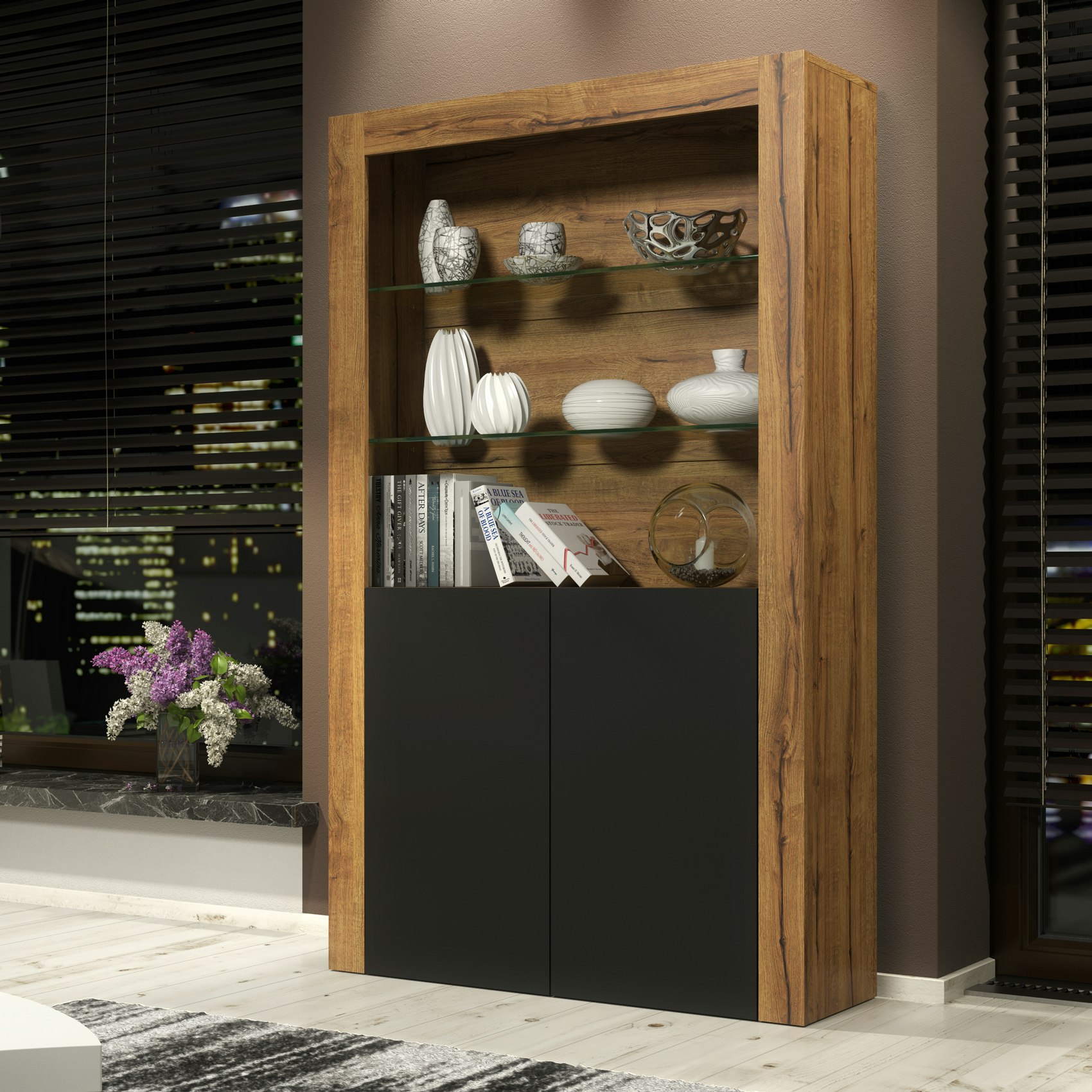 Rackhams Black Tall Display Cabinet 170Cm Oak Matt Body And Matt Doors – Modern Open Shelving Unit - 170 - Full Assembly Required. - Mdf/Chipboard