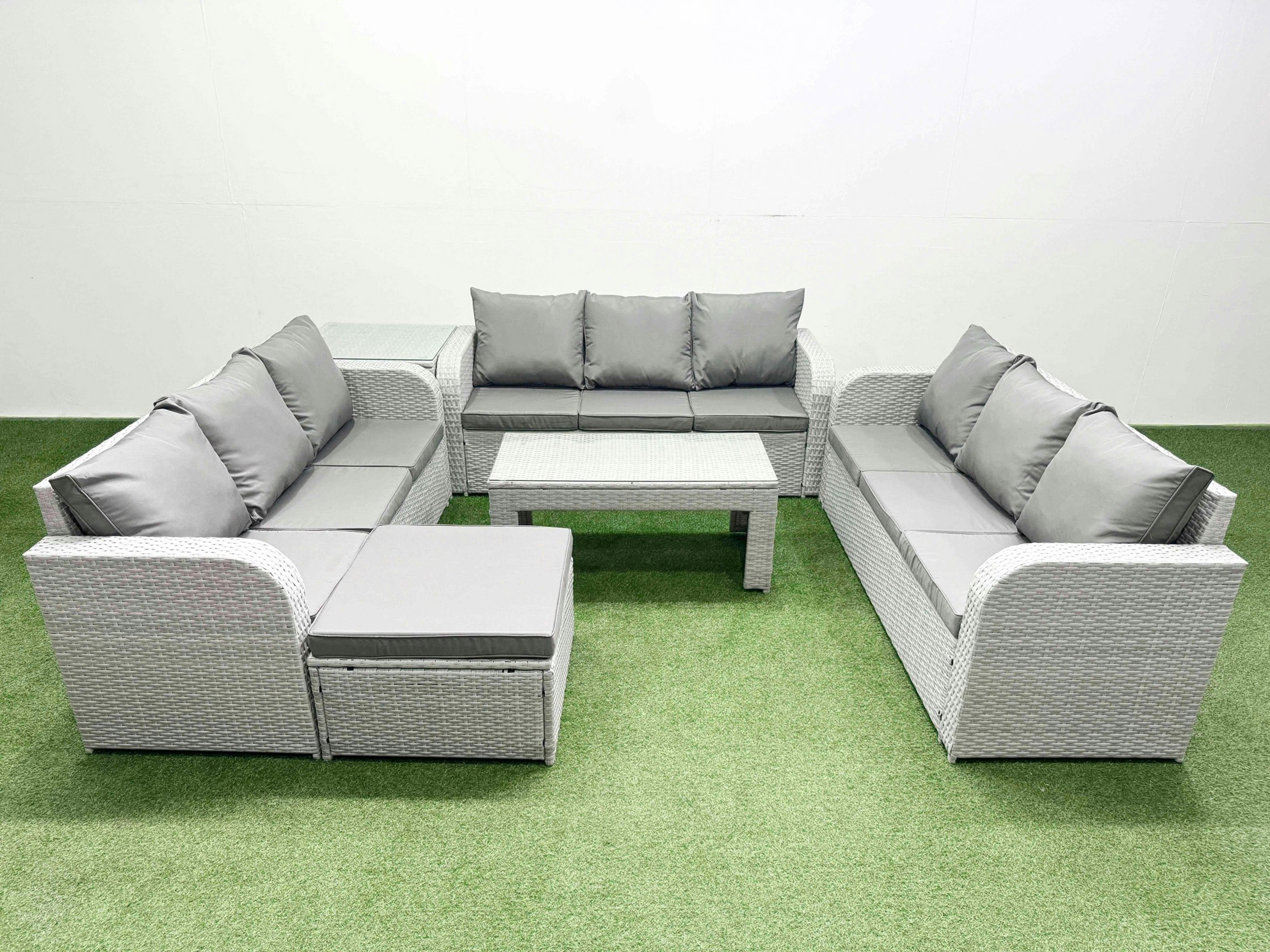 Fimous Light/Grey Pe Rattan Lounge Sofa Set 10 Seater Outdoor Garden Furniture Set With Oblong Coffee Table 3 Seater Sofa Big Footstool Side Table