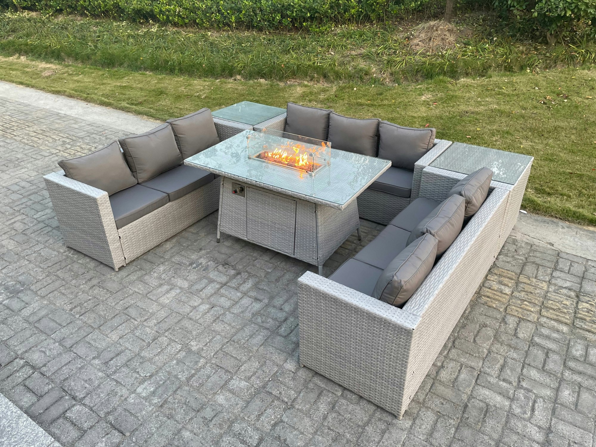 Rackhams Light/Grey Rattan Outdoor Garden Furniture Set With Gas Fire Pit Table, 3 Sofas, 2 Side Tables - 9 Seater