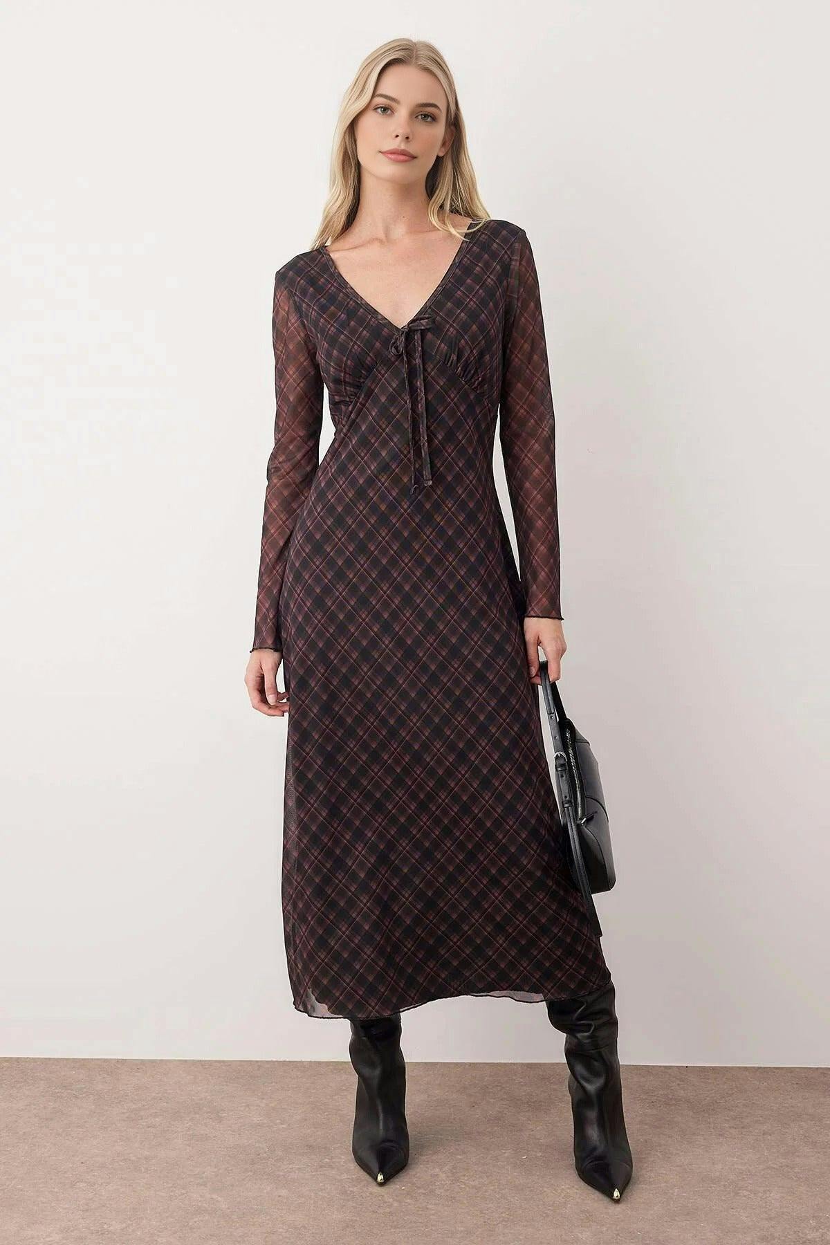 Wovcor Argyle Printed Maxi Knit Dress With Tie Detail - Multi - Xs