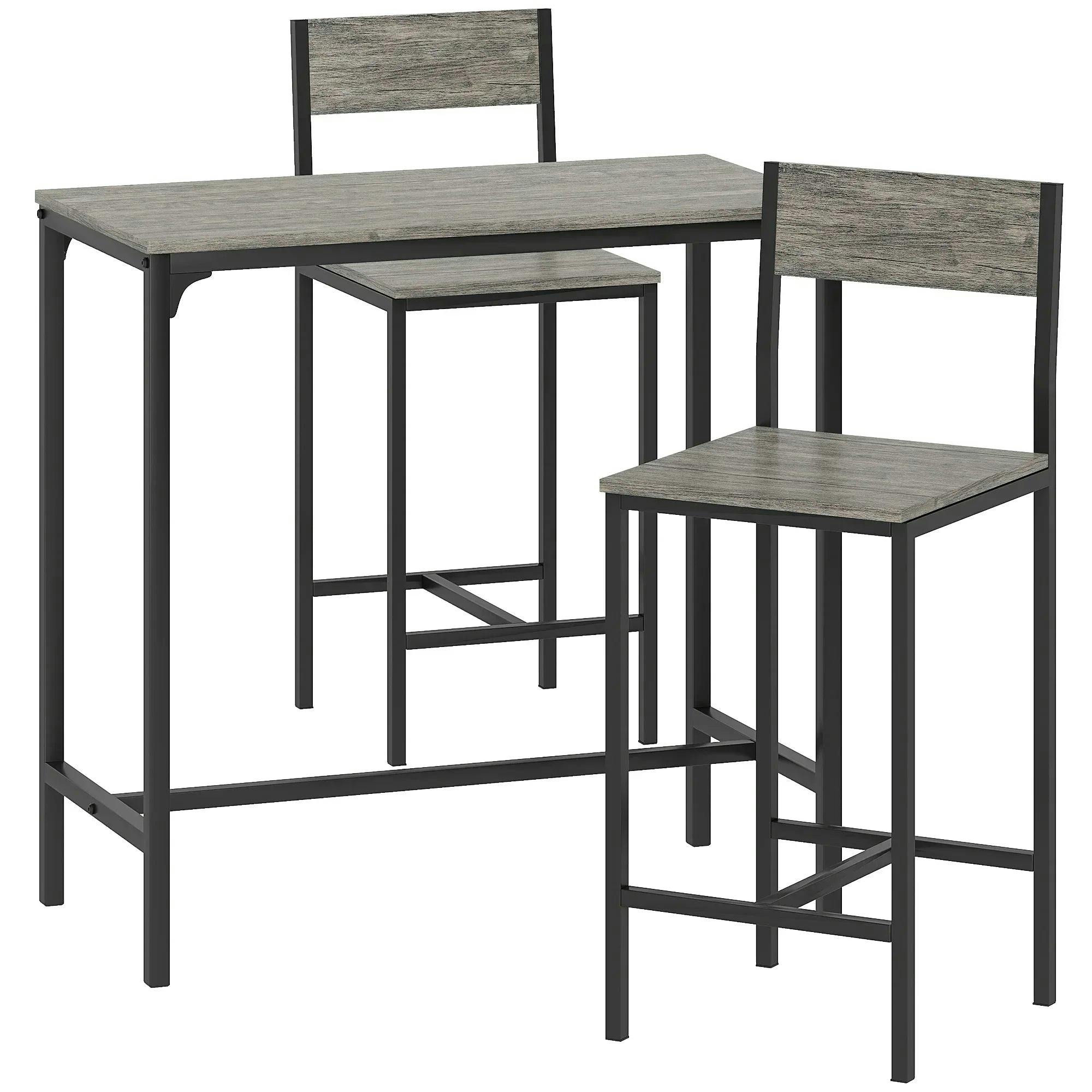 Bobobiy Grey/Black 3-Piece Bar Table Set With 2 Stools, Industrial Breakfast Bar Set With Footrest, Backrest For Dining Room, Small Space