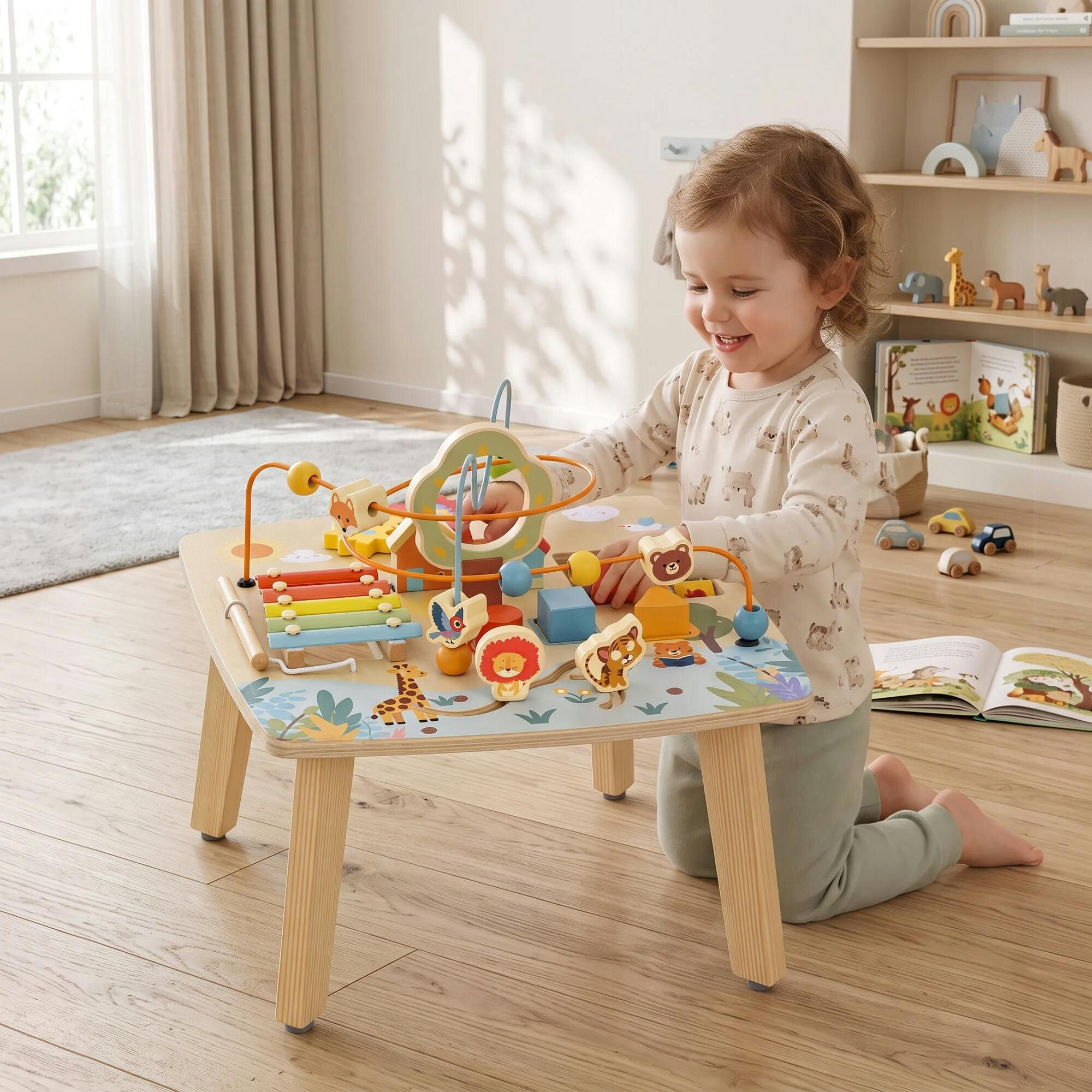 Aiyaplay 6 In 1 Wooden Baby Activity Table With Bead Maze, Shape Sorter - Image 3