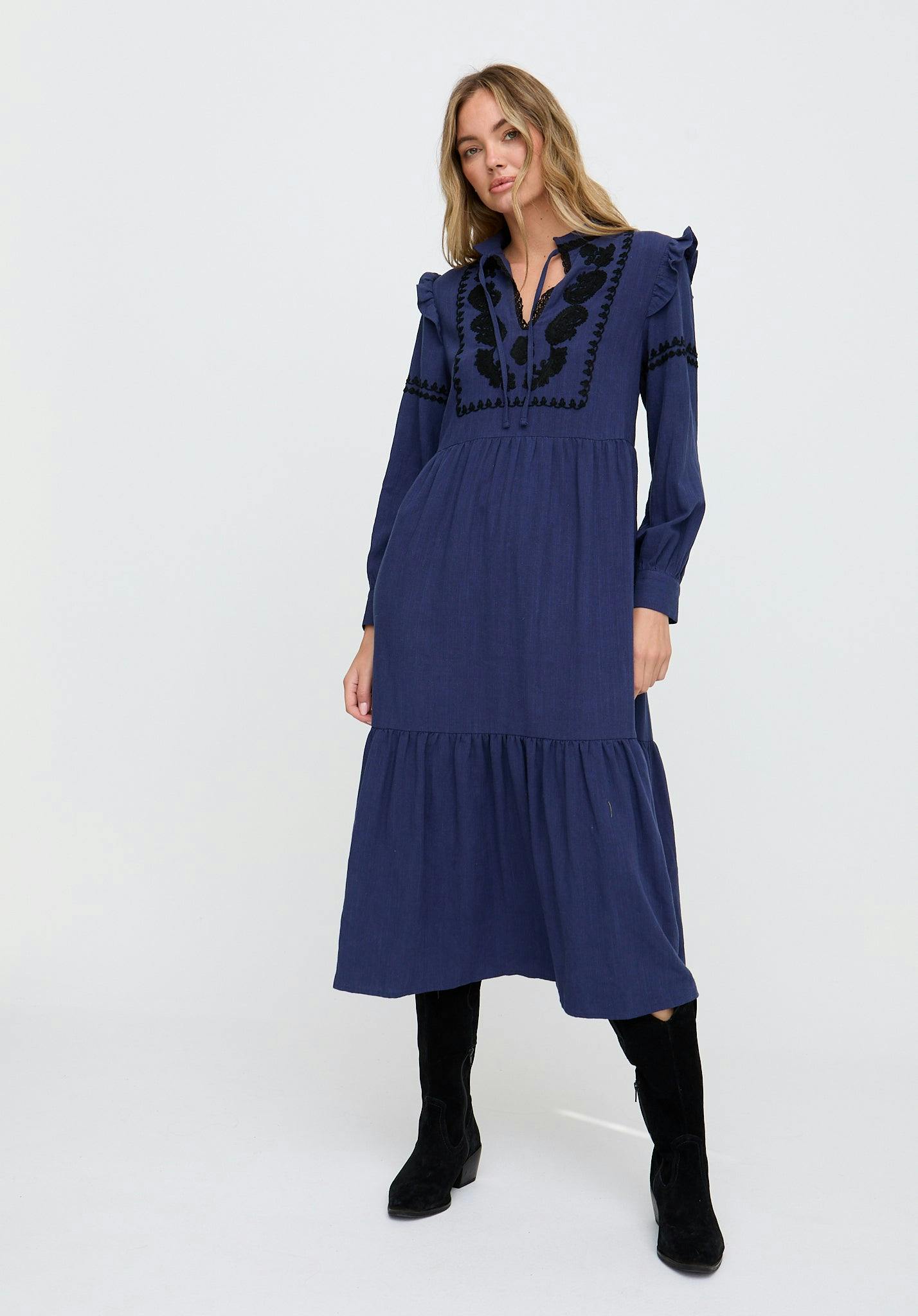 Raffya Lulu Embroidered Maxi Dress In Navy - 12
