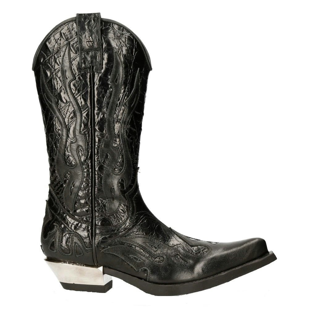 New Rock Black M-7921-S1 Flame Boots Leather Heavy Biker Western Cowboy - Eu 44