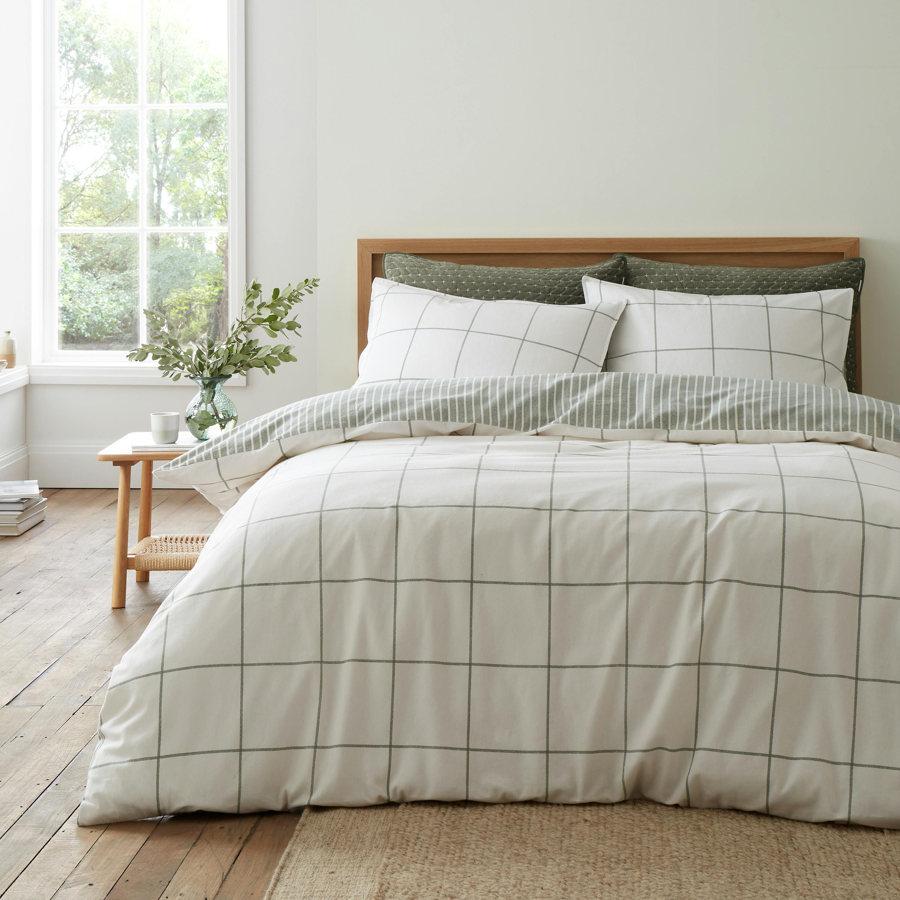 Bianca Green Brushed Regal Check Cotton Reversible Duvet Cover Set - Double
