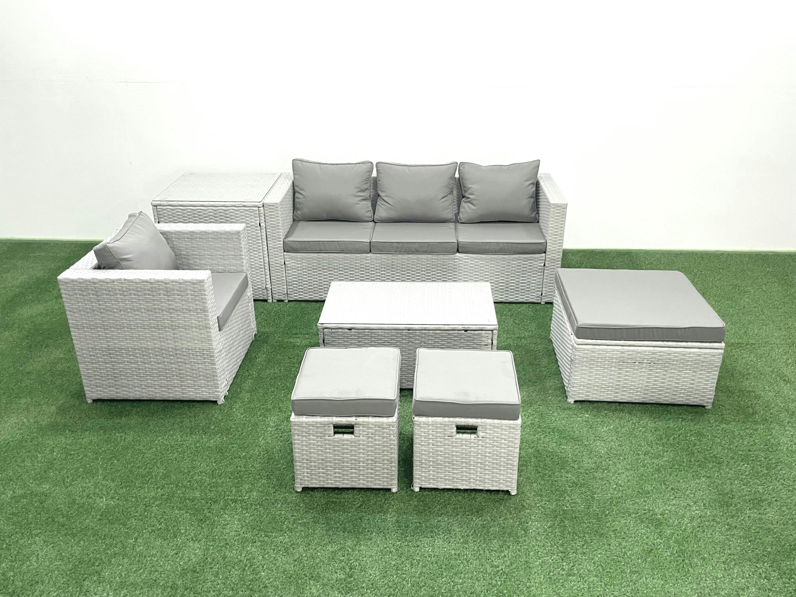 Fimous Light/Grey 7 Pieces Rattan Garden Furniture Set Outdoor Garden Sofa Chair Coffee Table Set With Side Table 3 Footstools Mixed