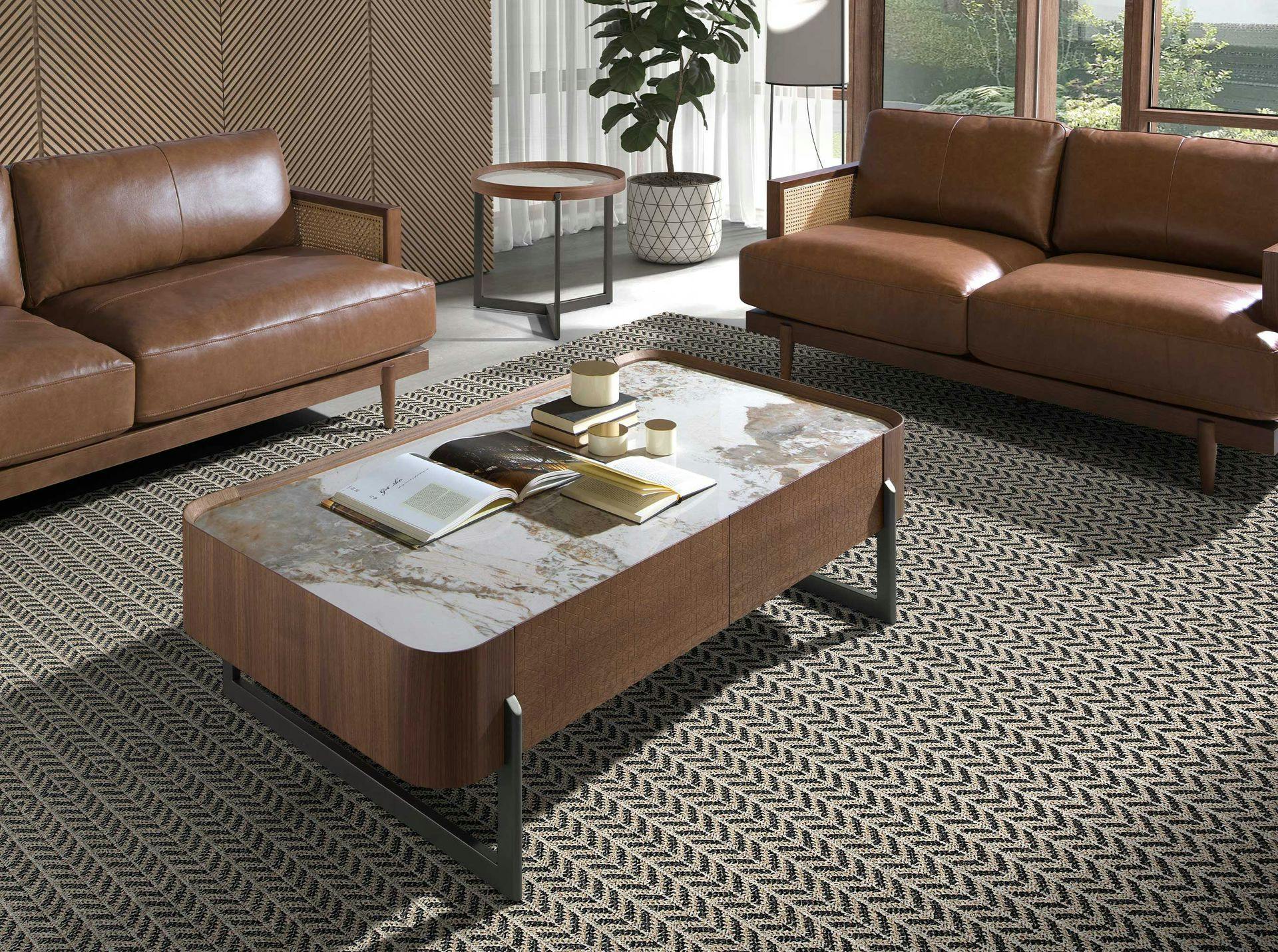 Rackhams Dark Rectangular Coffee Table In Porcelain Marble, Walnut And Metallic Steel 2131