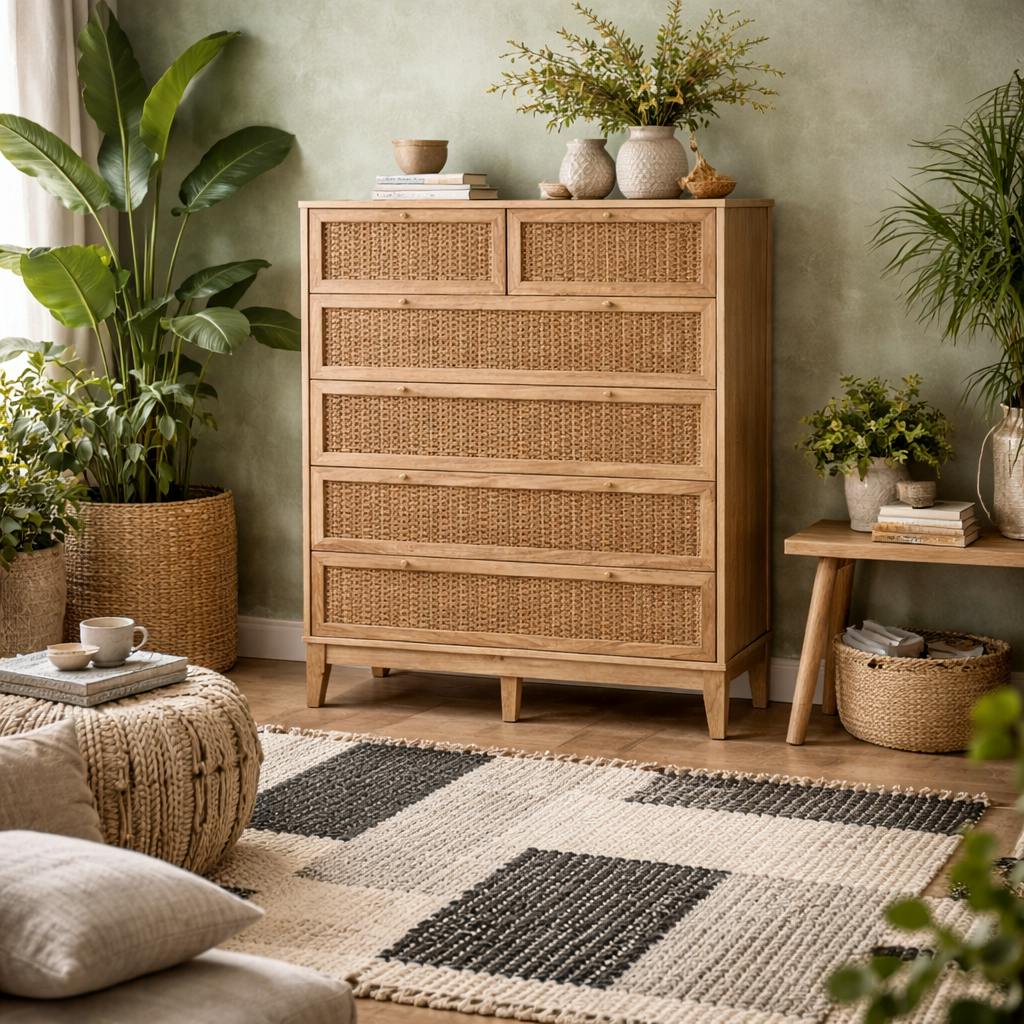 Wyld Haus Gold Waterford Oak And Rattan Chest Of 6 Drawers