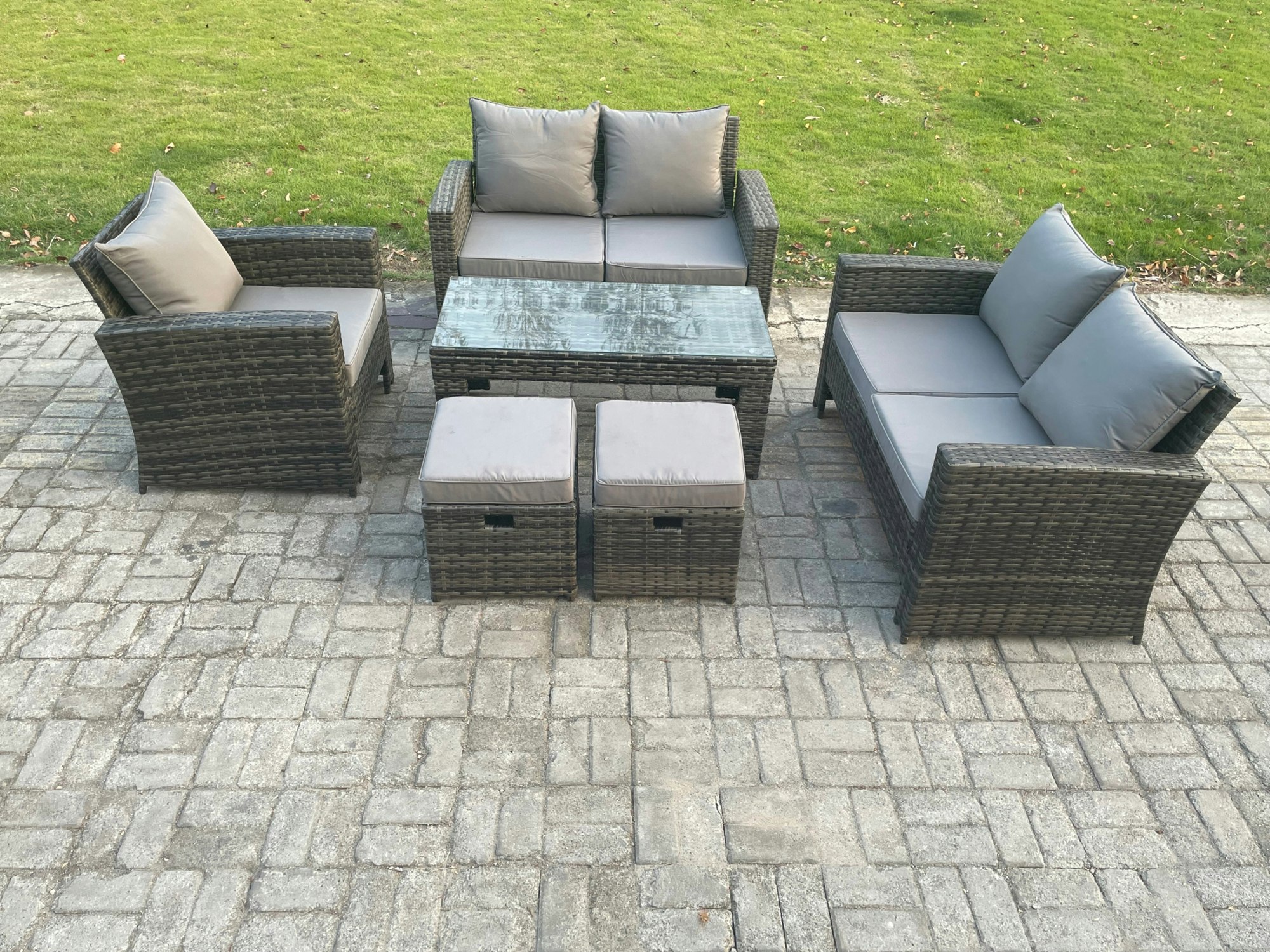 Rackhams Dark/Grey 7 Seater Rattan Outdoor Garden Furniture Sofa Set With Coffee Table 2 Small Footstool Mixed