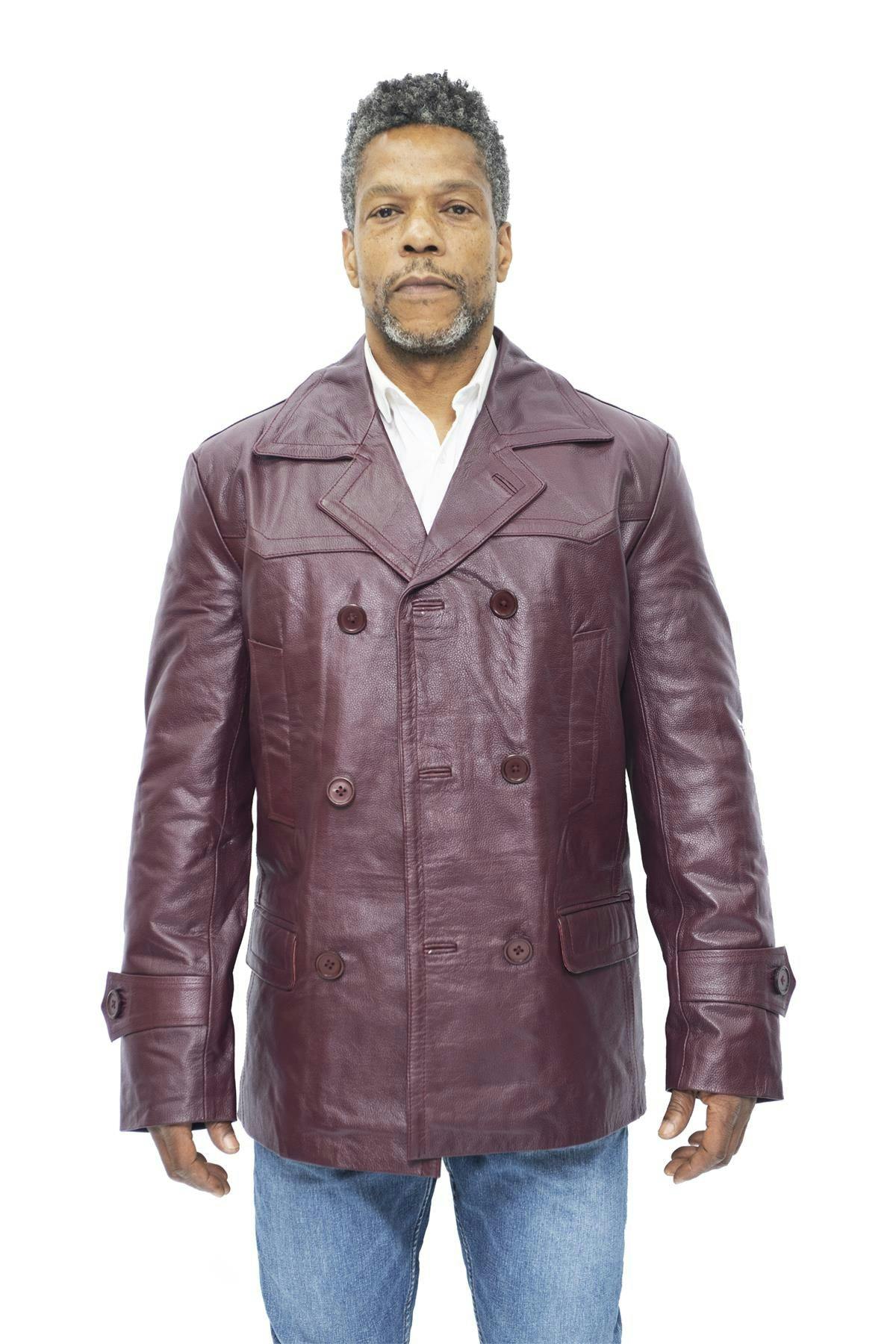 Infinity Leather Men's Burgundy Cowhide Leather Peacoat-Krakaw - Uk 4XL | Eu 58 | Us 48