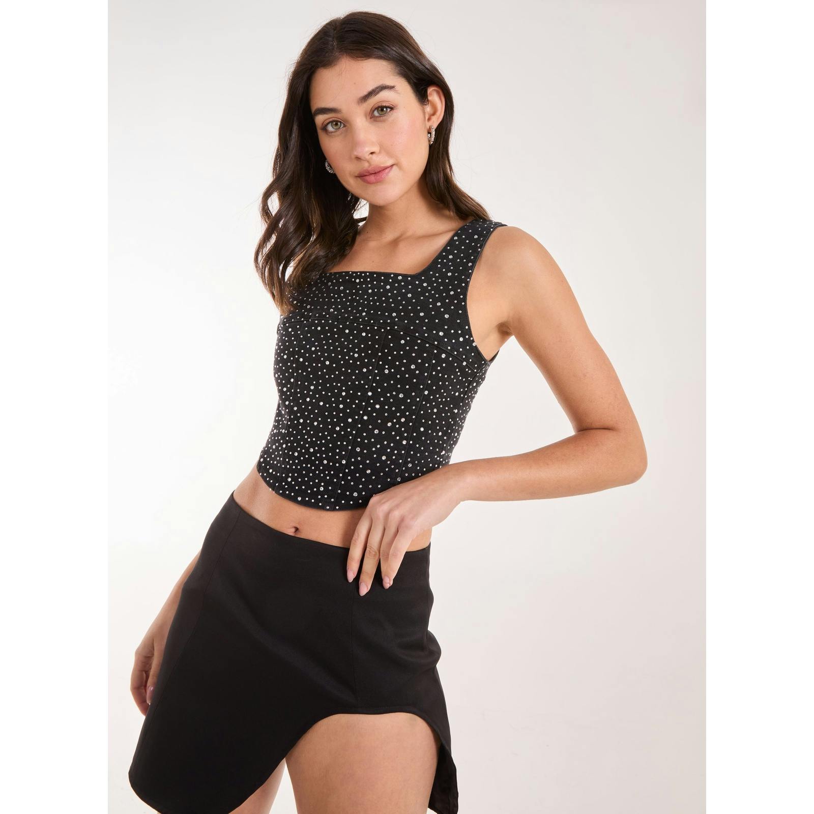 Pink Vanilla Pink/Black Vanilla Diamante Denim Crop Top - S