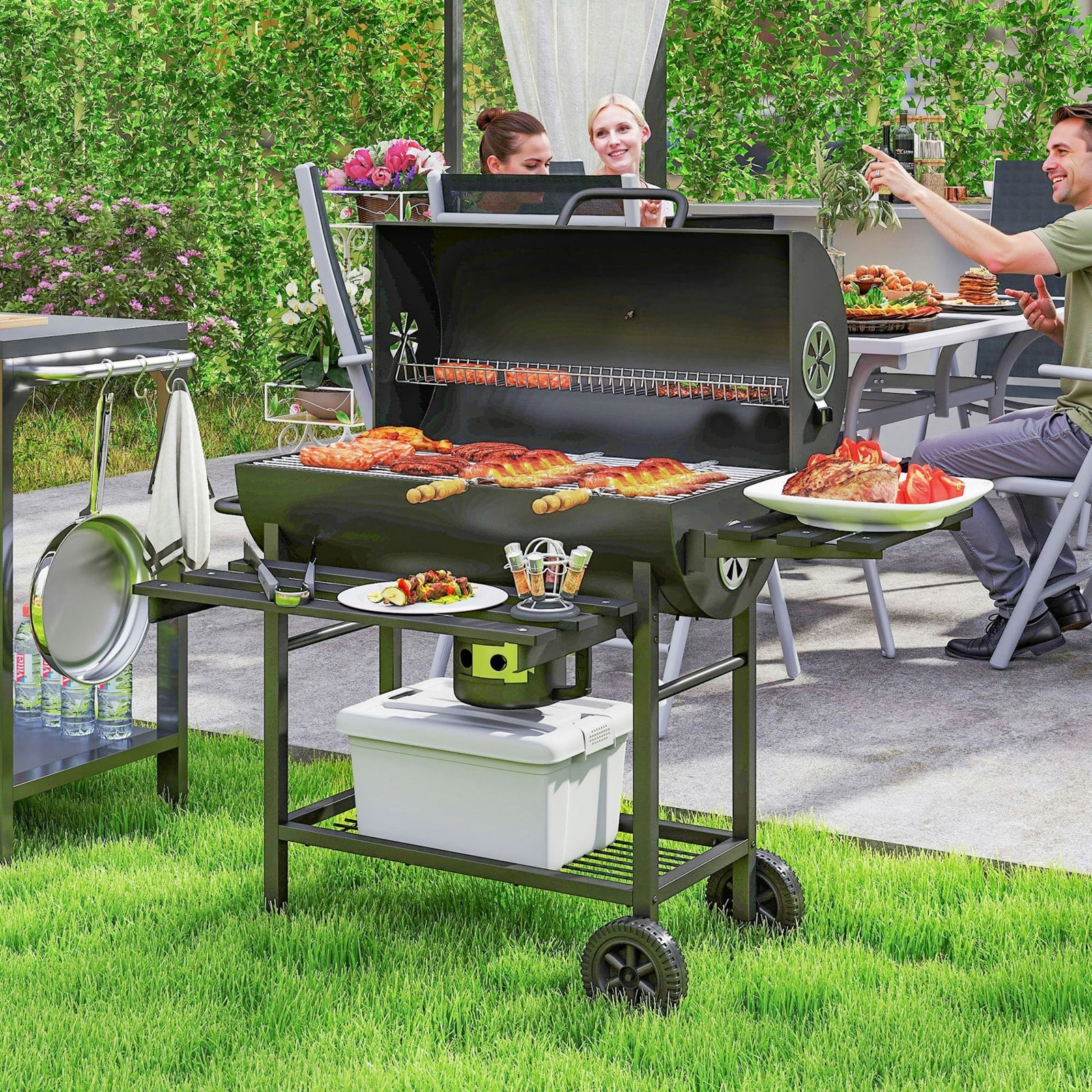 Outsunny Black Charcoal Bbq Grill With Warming Rack Shelves Temperature Gauge - Steel - 114W X 65D X 95H Cm