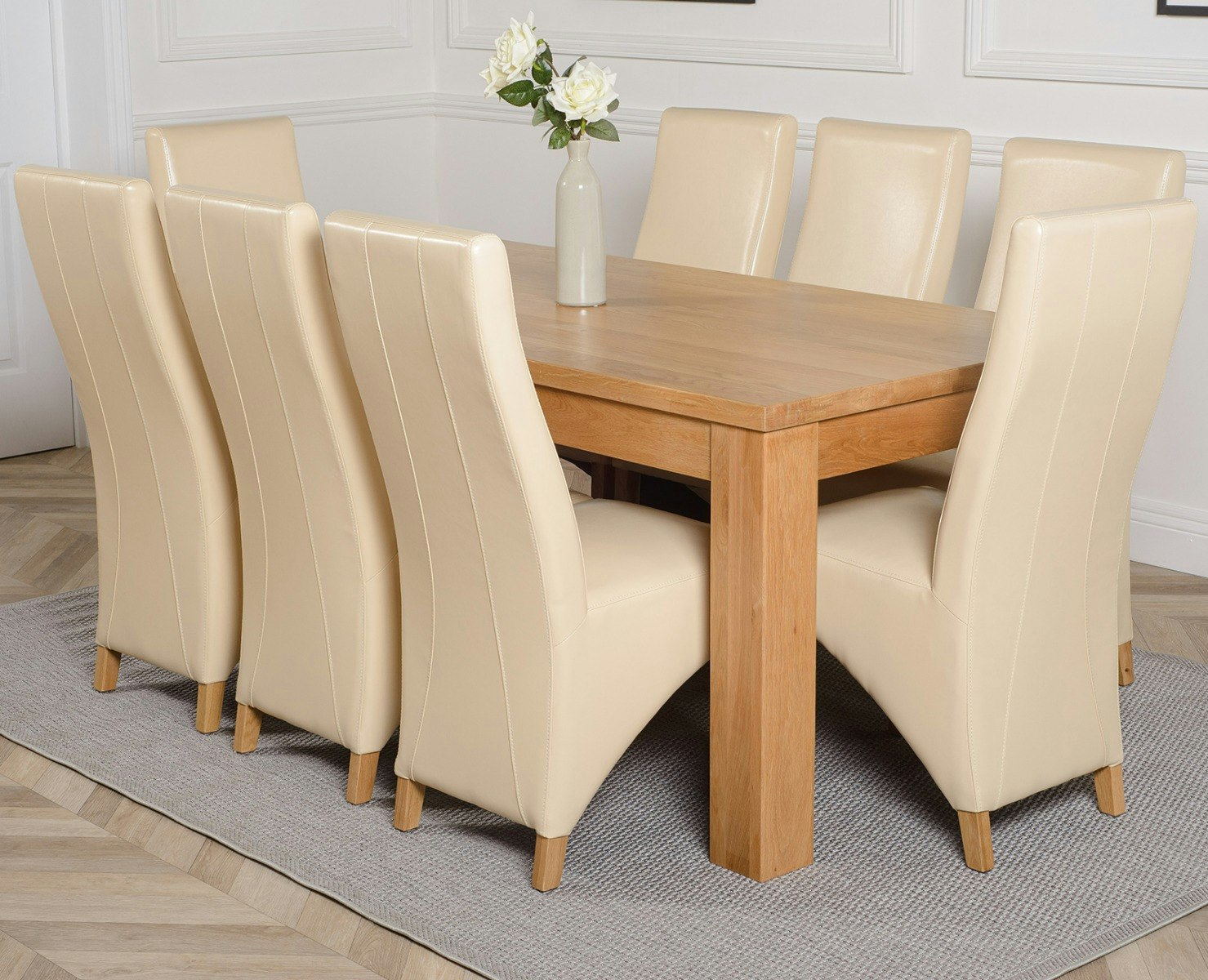 Rackhams Ivory Dakota Large Oak Dining Table With Lola Leather Chairs - 8 Chairs