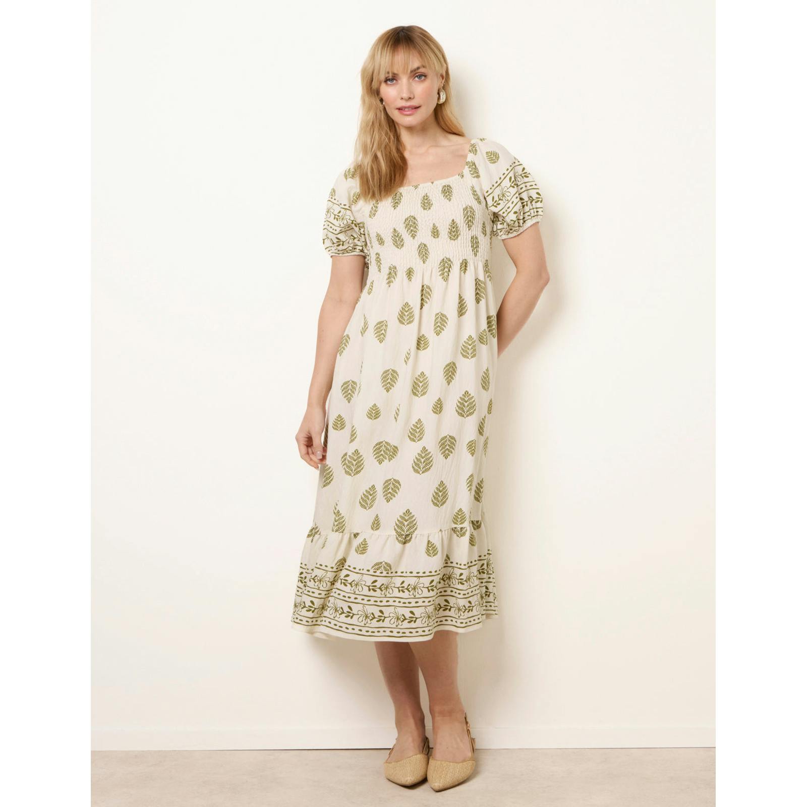 Blue Vanilla Blue/Green Vanilla Square Neck Puff Sleeve Shirred Border Midi Dress - L