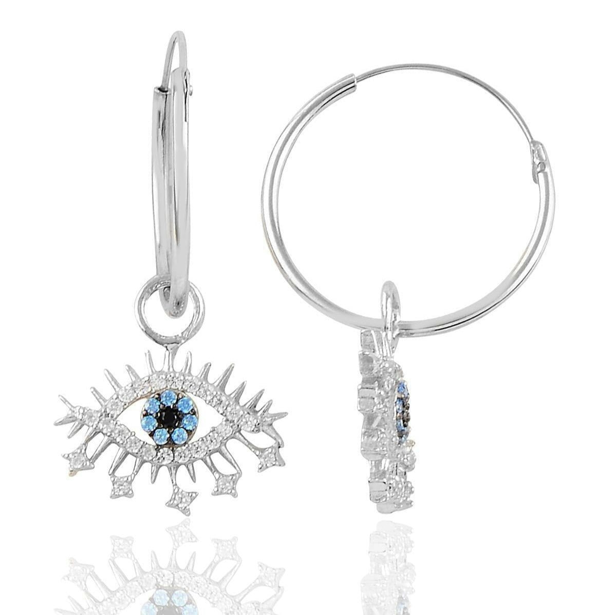 Spero London Blue/Silver Evil Eye Earring Eye Eyelash Sterling Earrings