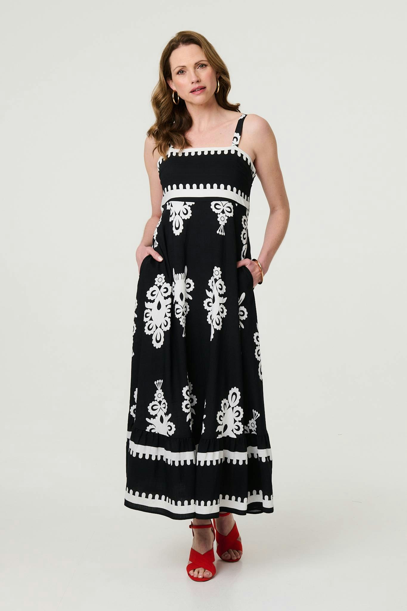 Izabel London Black Ikat Print Sleeveless A-Line Maxi Dress - 14