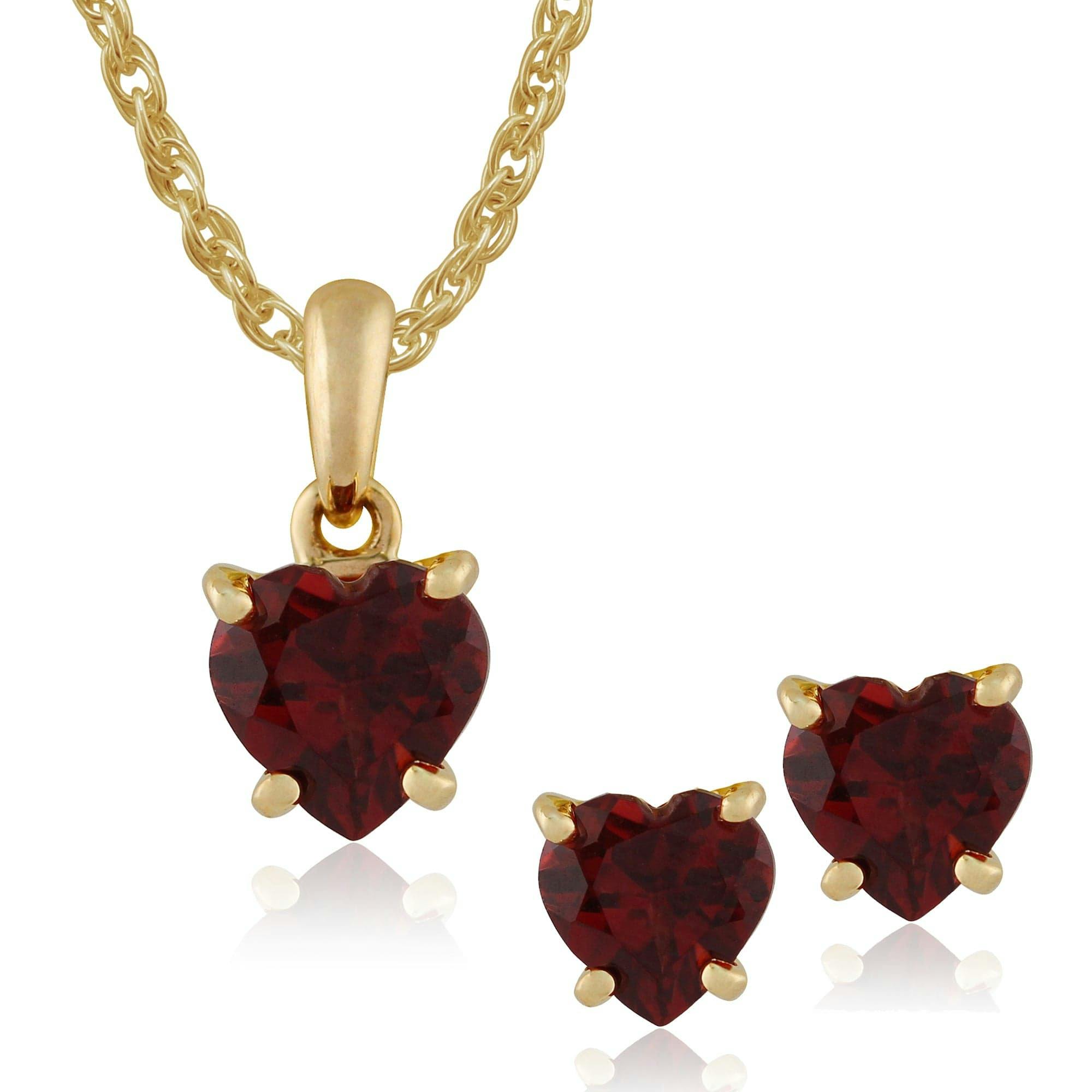 Gemondo Yellow/Gold Classic Heart Garnet Single Stone Heart Stud Earrings & Pendant Set In 9Ct