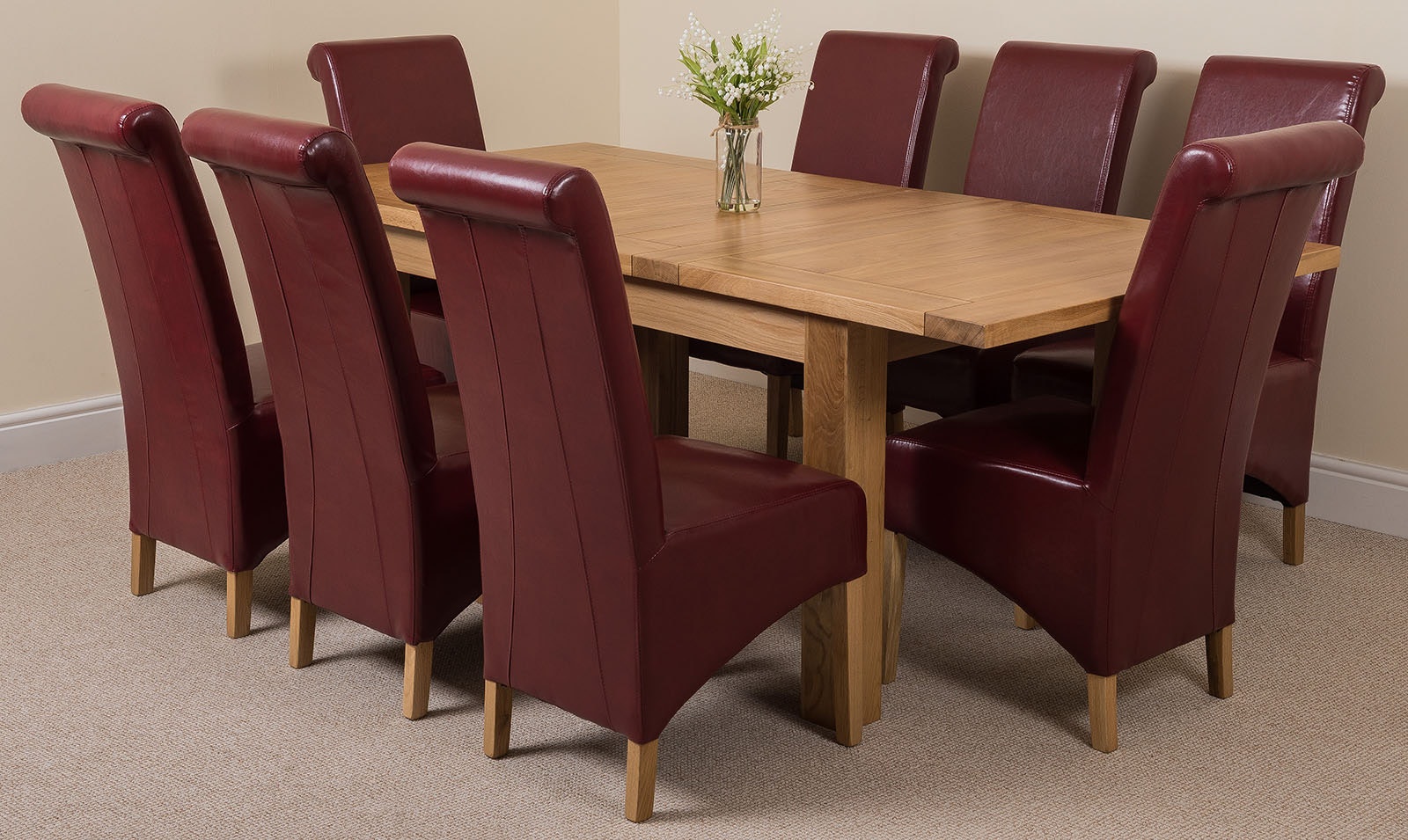 Rackhams Burgundy Seattle Oak Extending Dining Table With Montana Leather Chairs - 8 Chairs