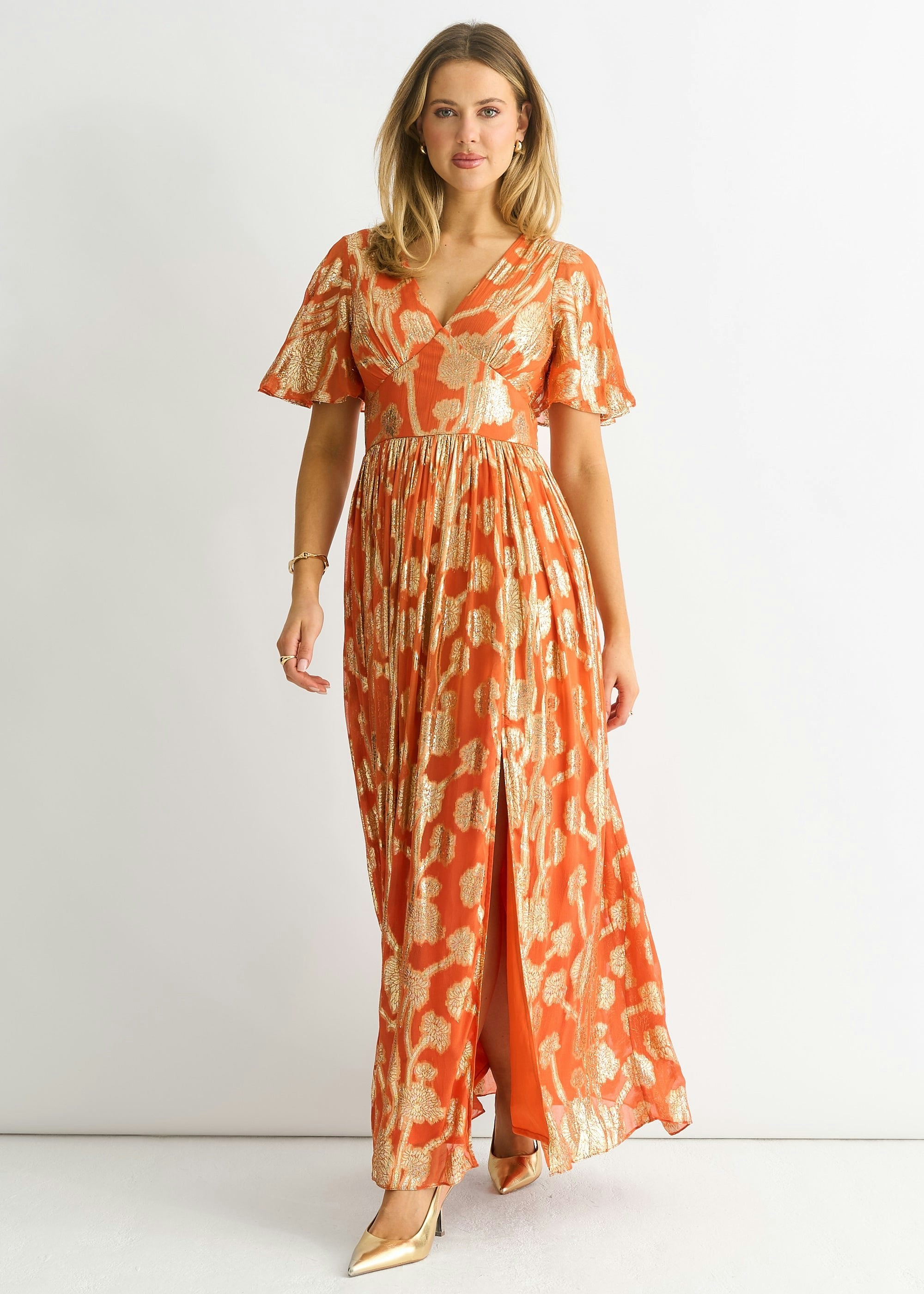 Gini London Orange Metallic Jacquard Flutter Sleeves Floral Maxi Dress - Uk 12 / Us 8 / Eu 40
