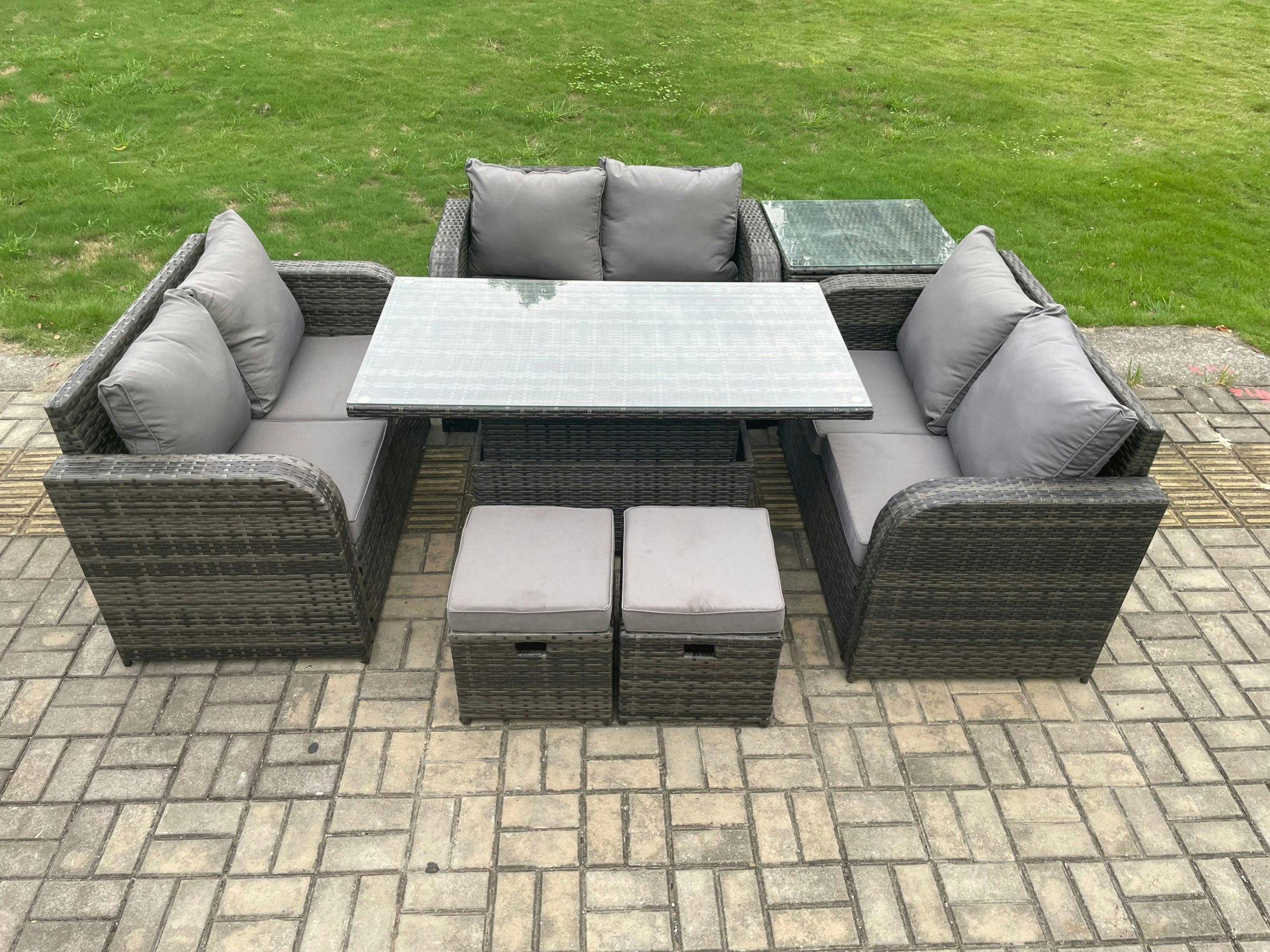 Fimous Rattan Garden Outdoor Furniture 3 Pc Love Sofa Set Patio Adjustable Rising Lifting Dining Table With Side Table 2 Small Footstools