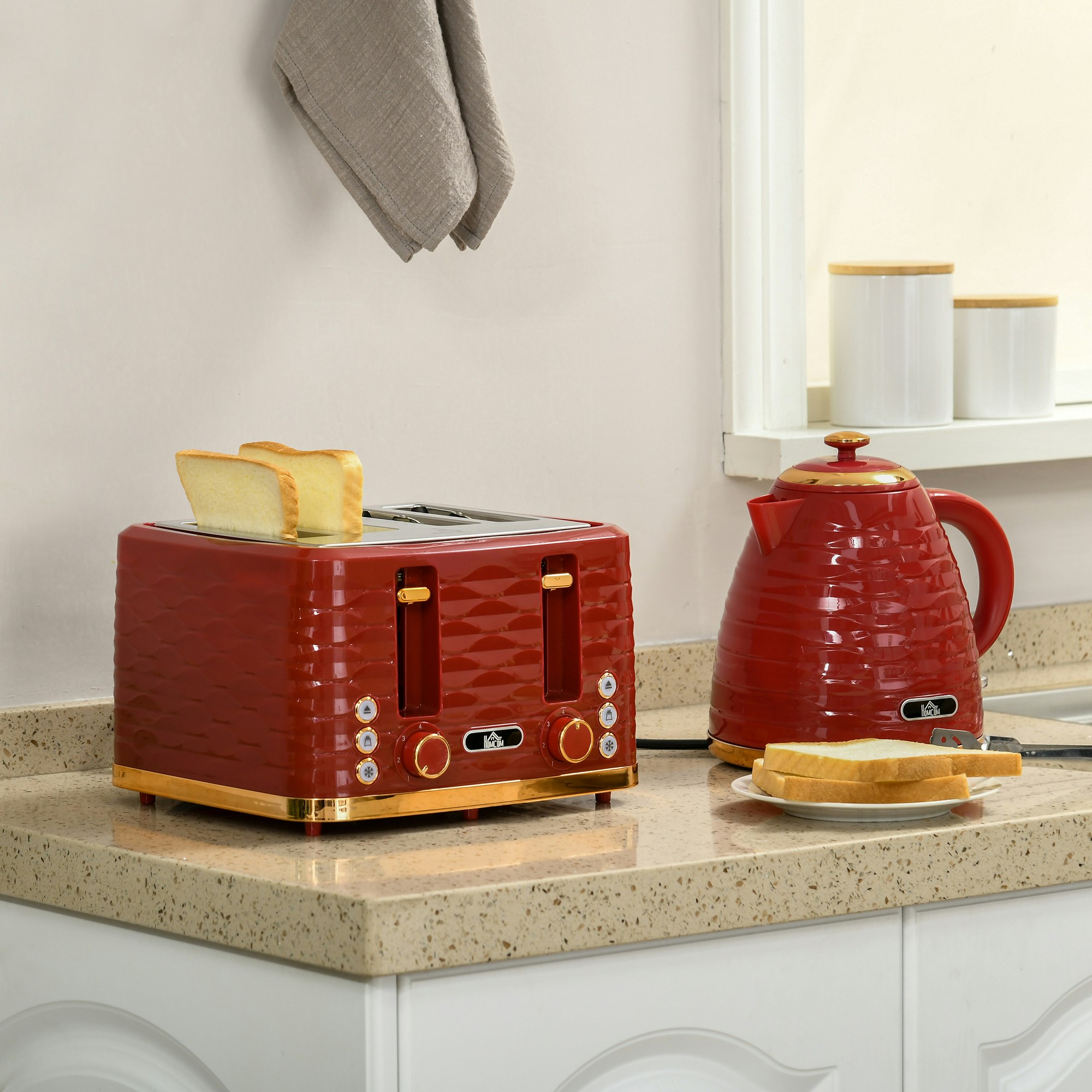 Homcom Red Kettle And Toaster Set 1.7L Rapid Boil Kettle & 4 Slice Toaster