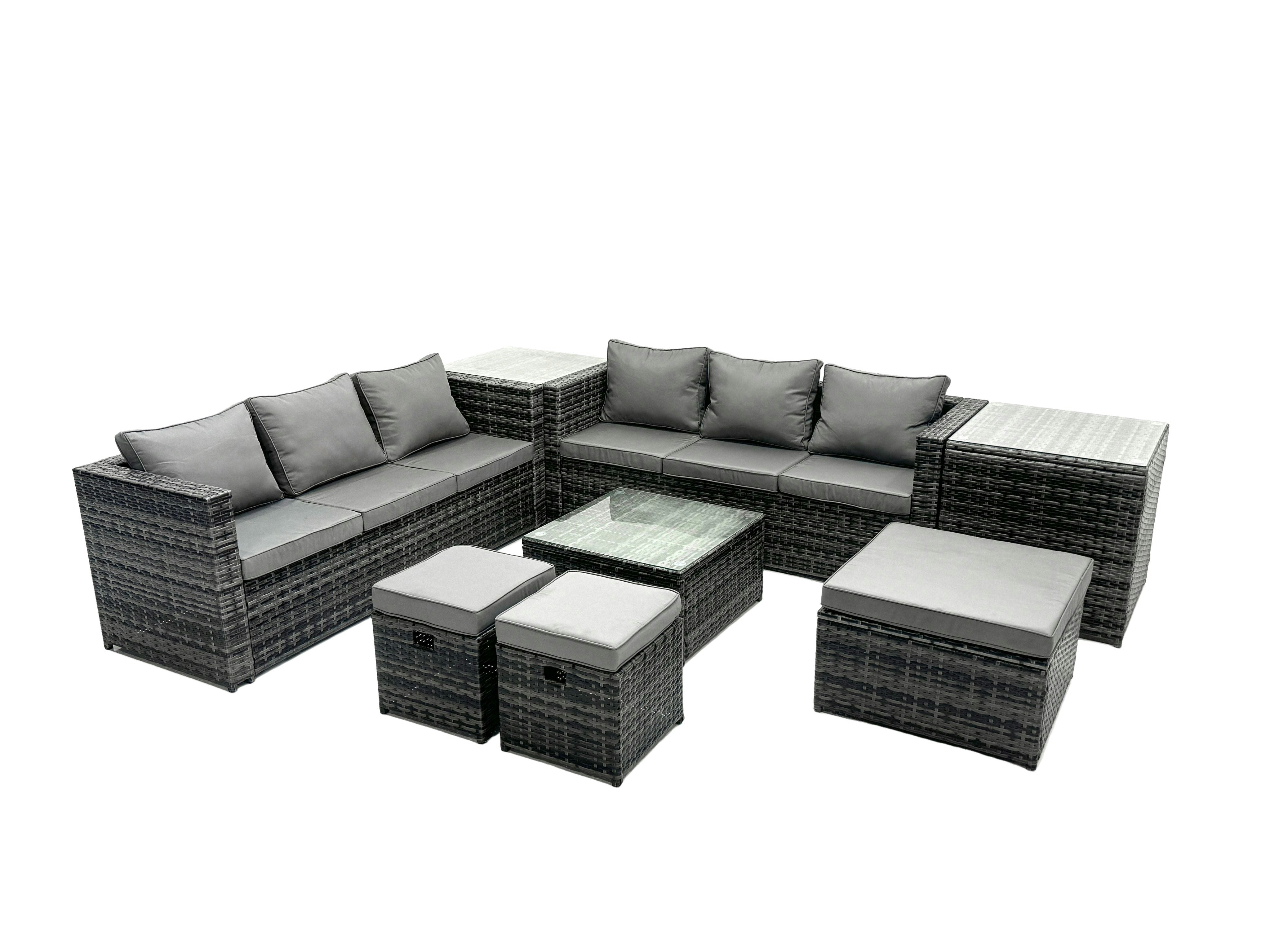 Rackhams Dark/Grey Outdoor Rattan Garden Furniture Set 9 Seater Patio Lounge Sofa Set With Square Coffee Table 2 Side Table 3 Footstools Mixed