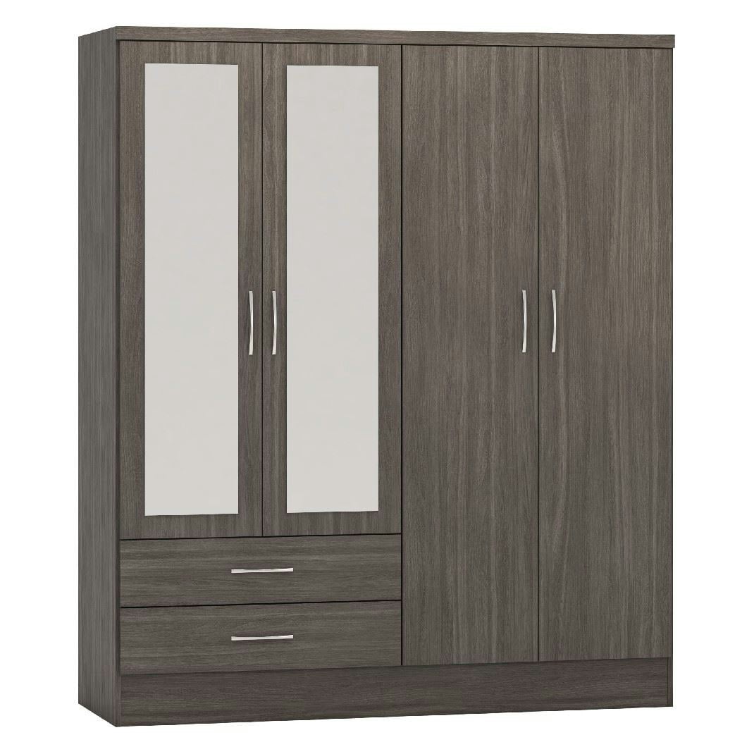 Seconique Black/Grain Nevada 4 Door 2 Drawer Mirrored Wardrobe - Wood