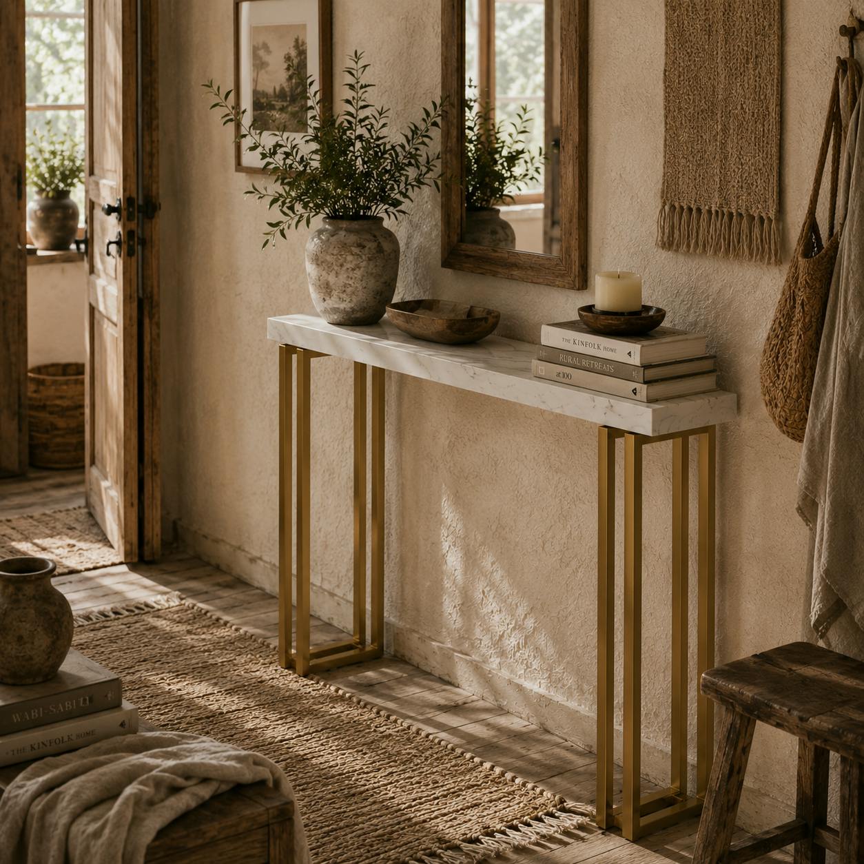 B&Q -  Luka 100Cm Slim Faux Marble Console Table White Marble-Effect Top Gold Base With Safety Bracing - Image 3