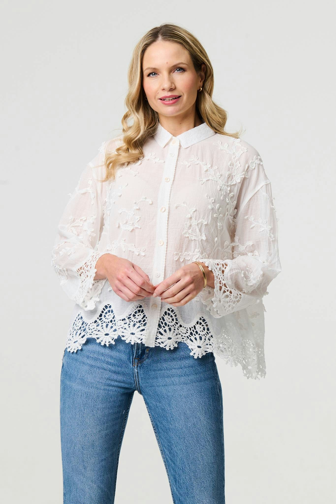 Izabel London White Embroidered Lace Long Sleeve Shirt - S/M
