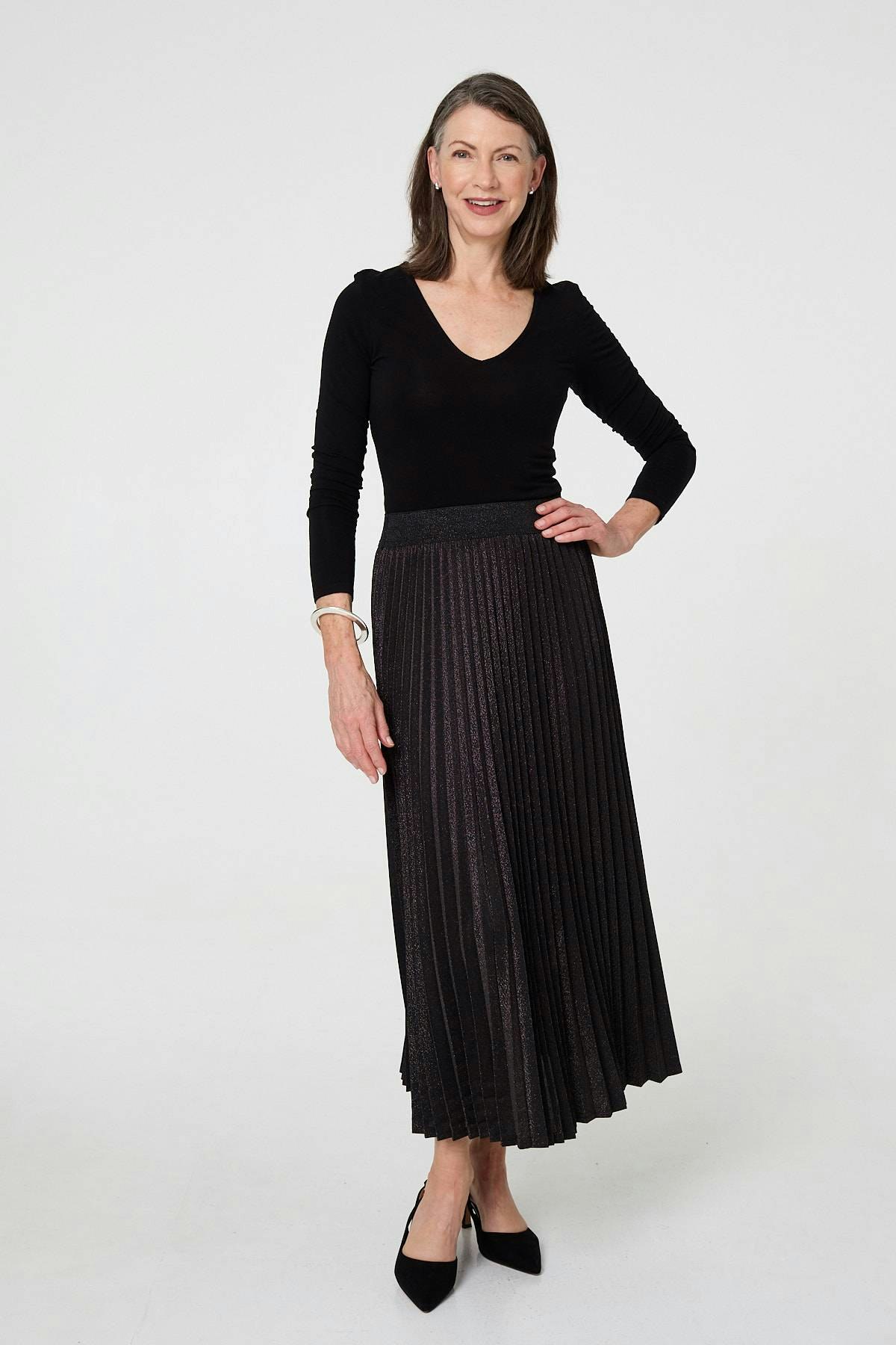 Izabel London Black Sparkly Pleated High Waist Maxi Skirt - 14