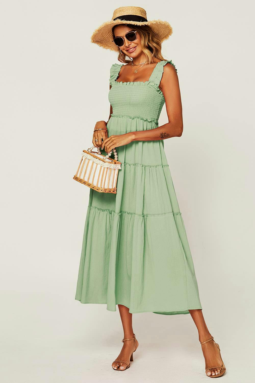 Fs Collection Light/Green Hem Detail Tiered Maxi Dress In - Xs