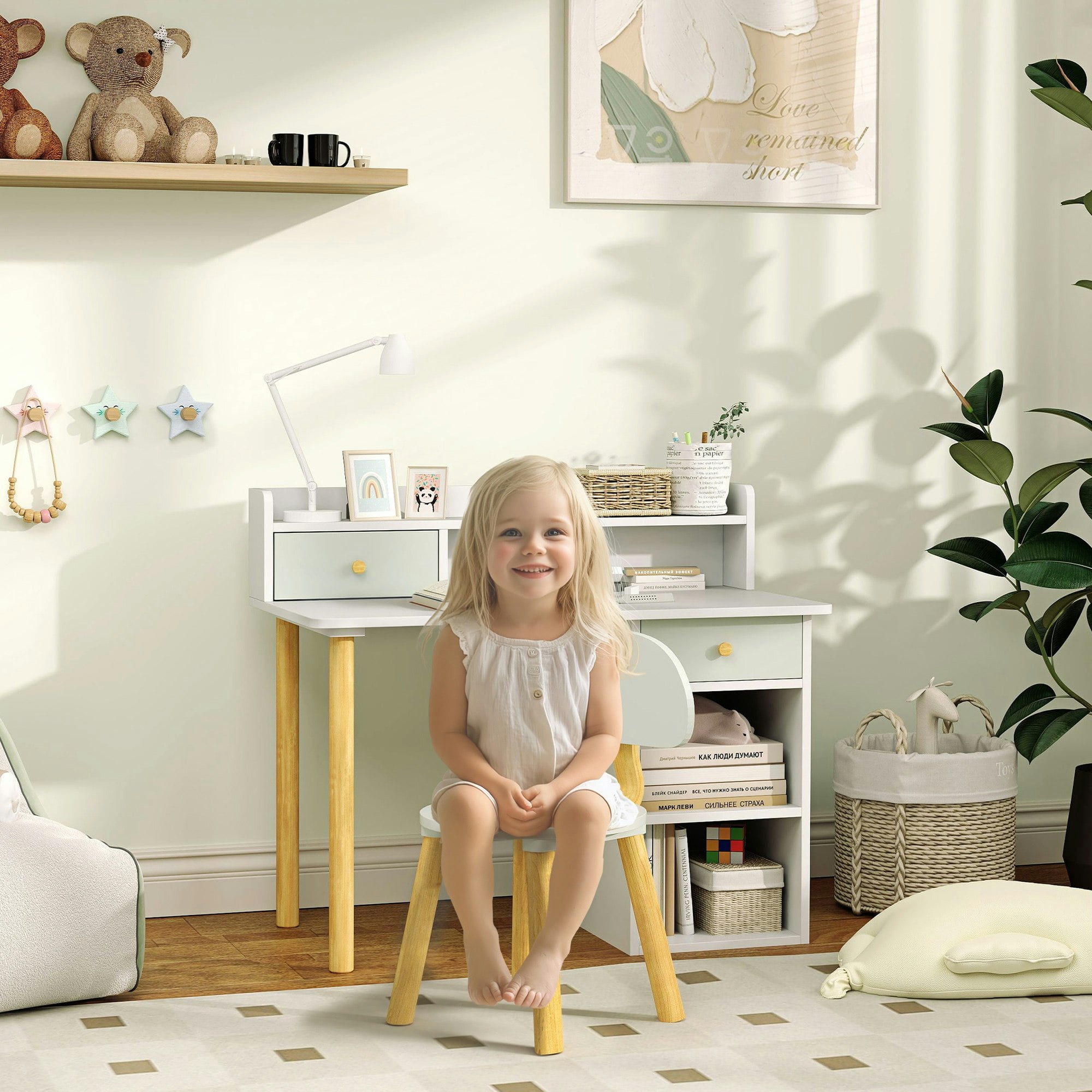 Rackhams Pink/Green Kids Desk And Chair Set, Children Study Table With Hutch, Storage Drawer, Shelves, For Studying, Reading & Drawing, Ages 3-8 Years Old - 73H X 85W X 48Dcm