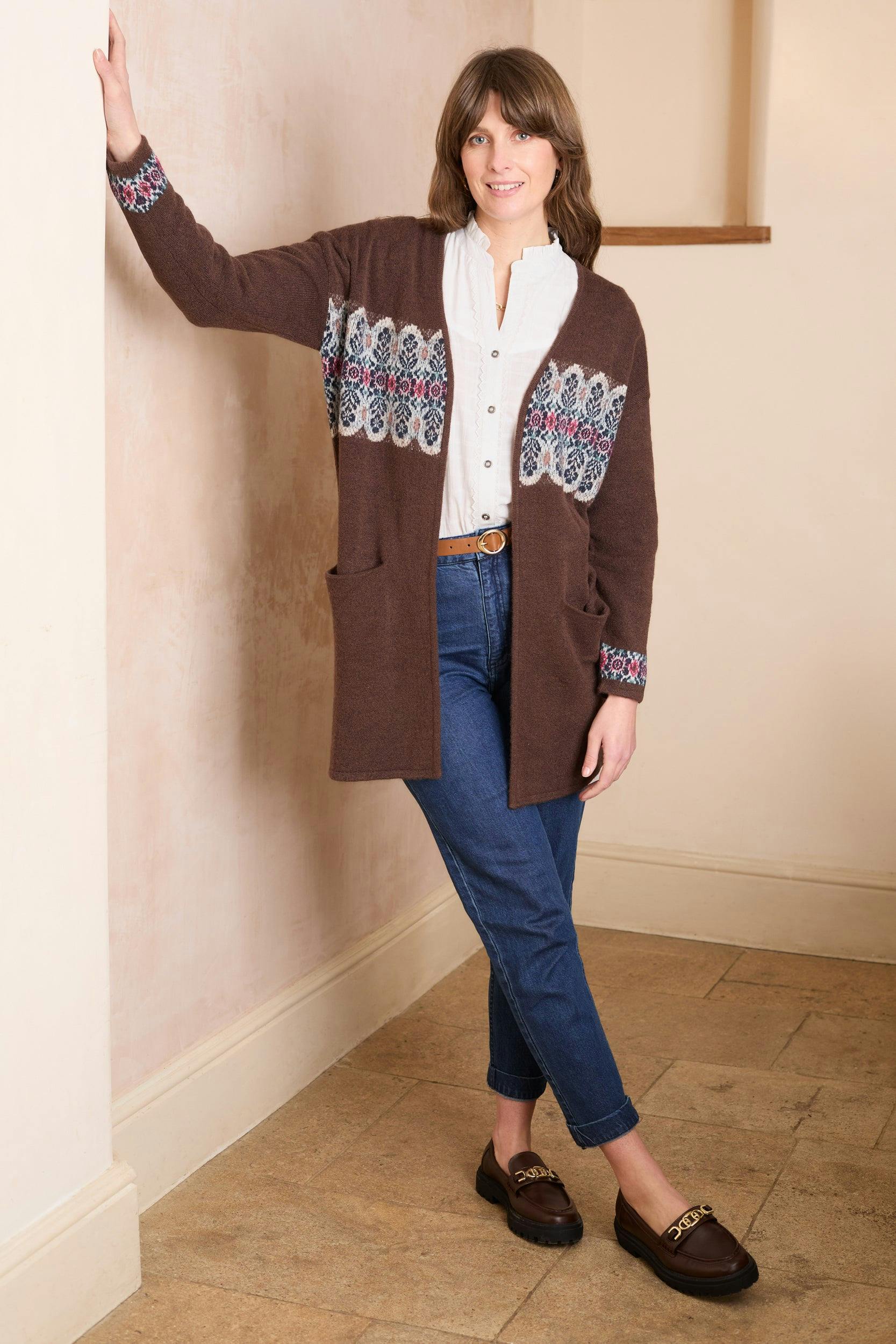 Lily & Me Isle Longline Fair Isle Knit Cardigan Chocolate - 18 - Chocolate
