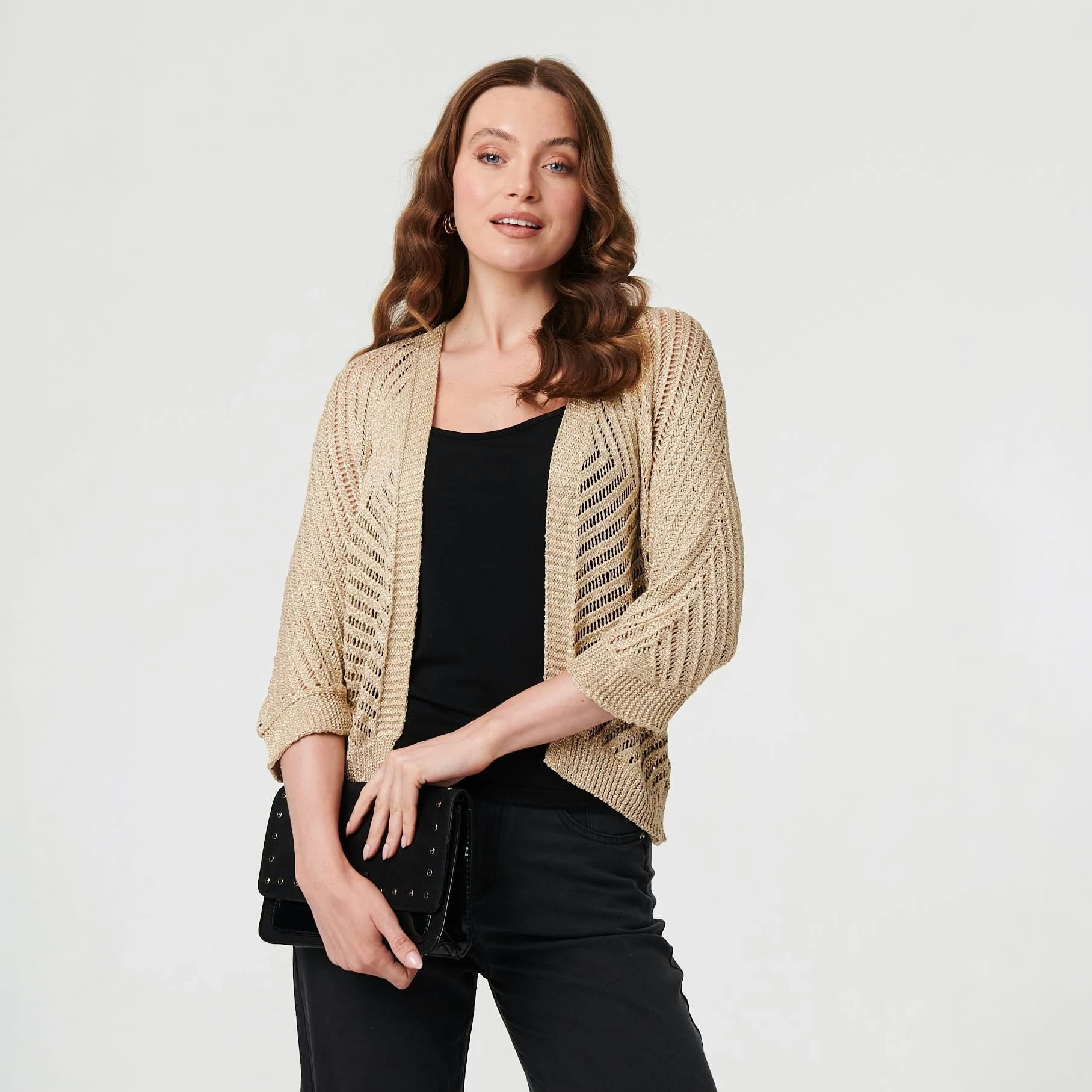 Izabel London Light Chevron Texture Mesh 1/2 Sleeve Cardigan - Navy - S