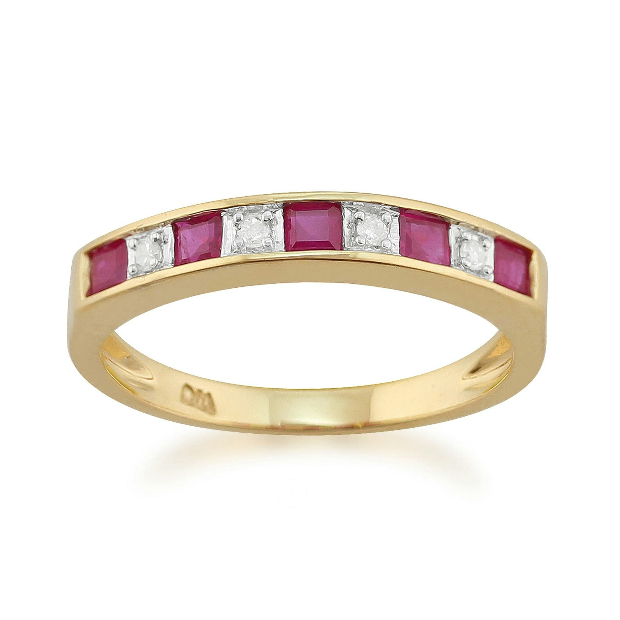 Gemondo Yellow/Gold Classic Square Ruby & Diamond Half Eternity Ring In 9Ct - J