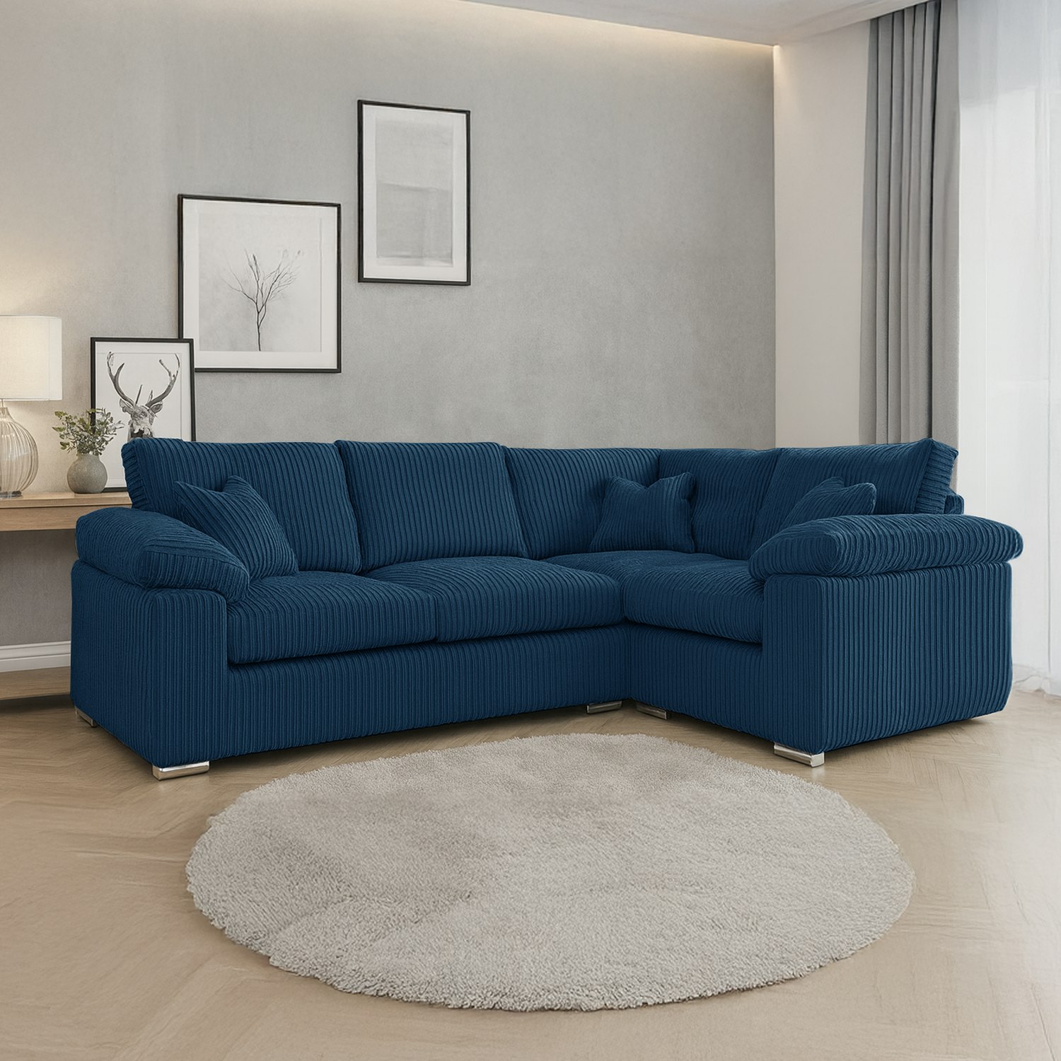 Furnishings For Less Blue Delta Full Jumbo Cord 4 Seater Corner Sofa - Marine - Right Hand Facing