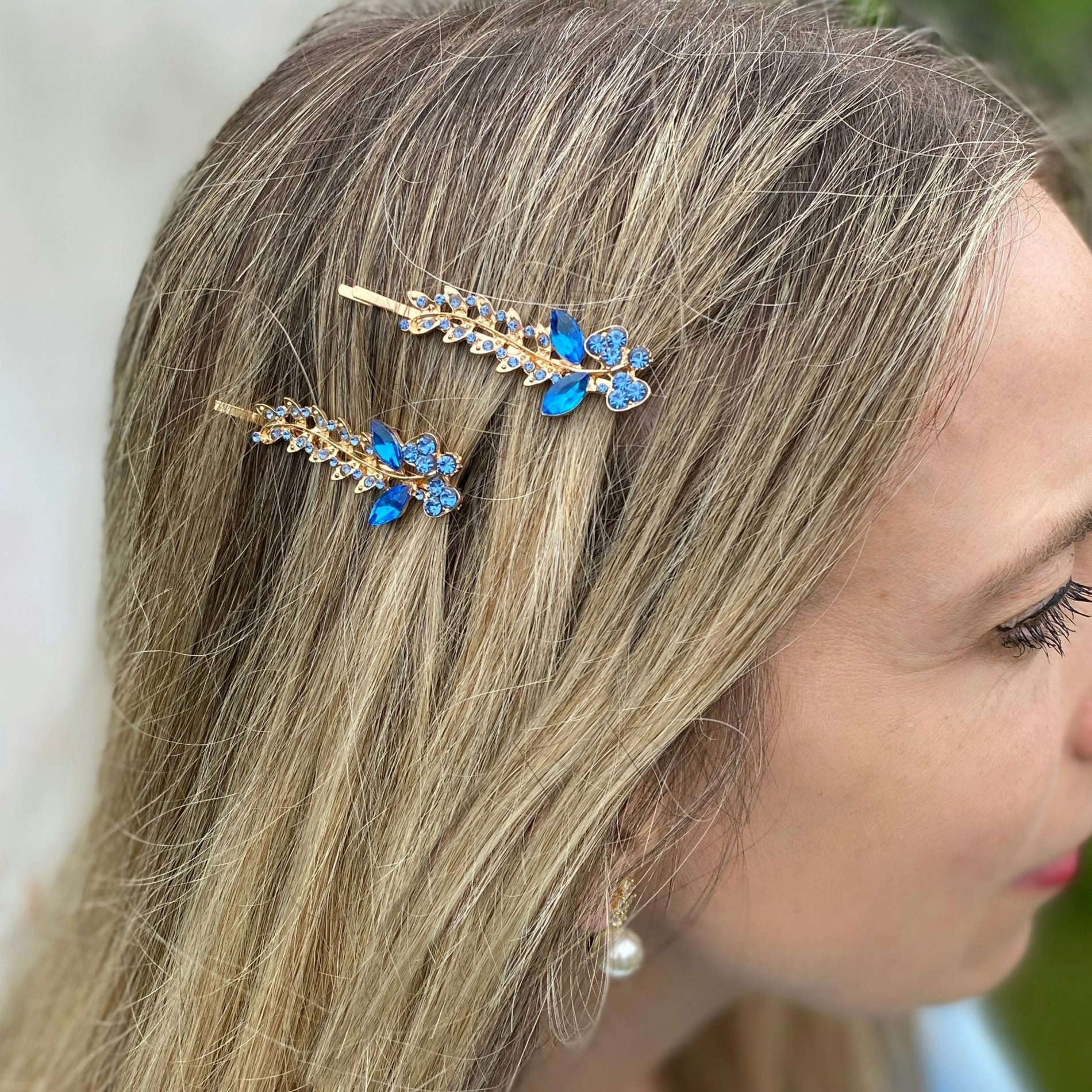 Queenmee Accessories Blue Hair Slides Hair Clips Crystal Hair Grips Floral Set Of 2