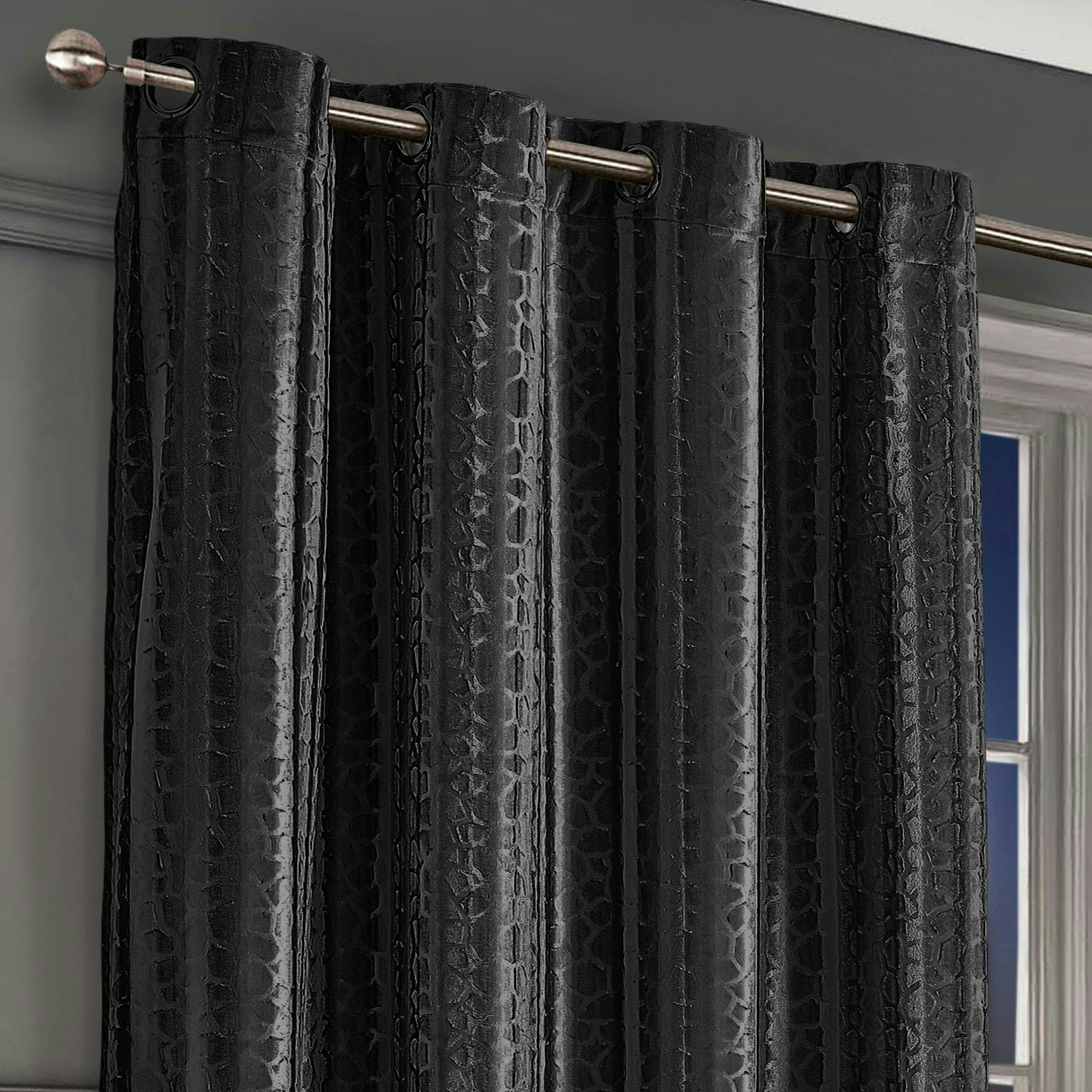 Rackhams Black Verity Crushed Velvet Ready Made Eyelet Curtains - 140Cm X 137Cm