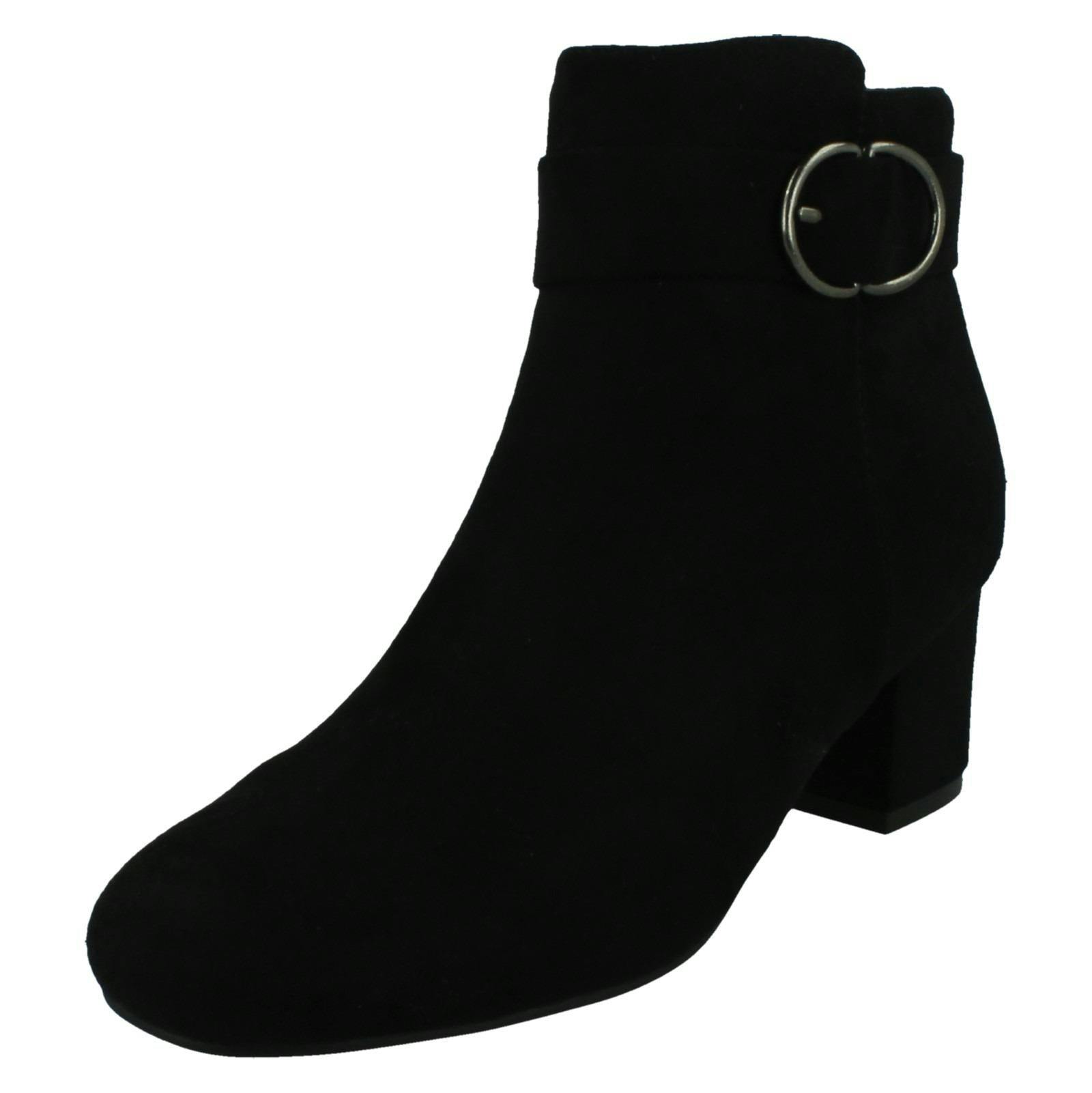 Spot On Women's Black Block Heel Wide Fit Ankle Boot With Buckle And Inside Zip F51247 - Microfiber - Uk 7