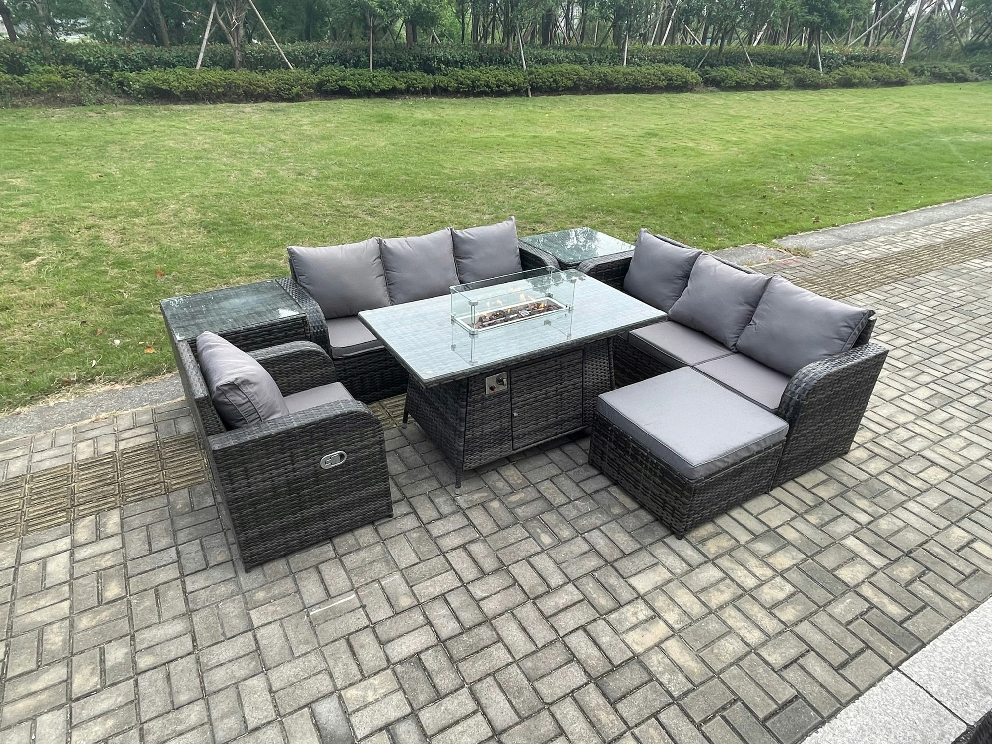 Fimous Dark/Grey 8-Seater Rattan Outdoor Gas Fire Pit Dining Set | Rectangle Table, Reclining Chair, 3-Seater Sofa, Footstool, 2 Side Tables